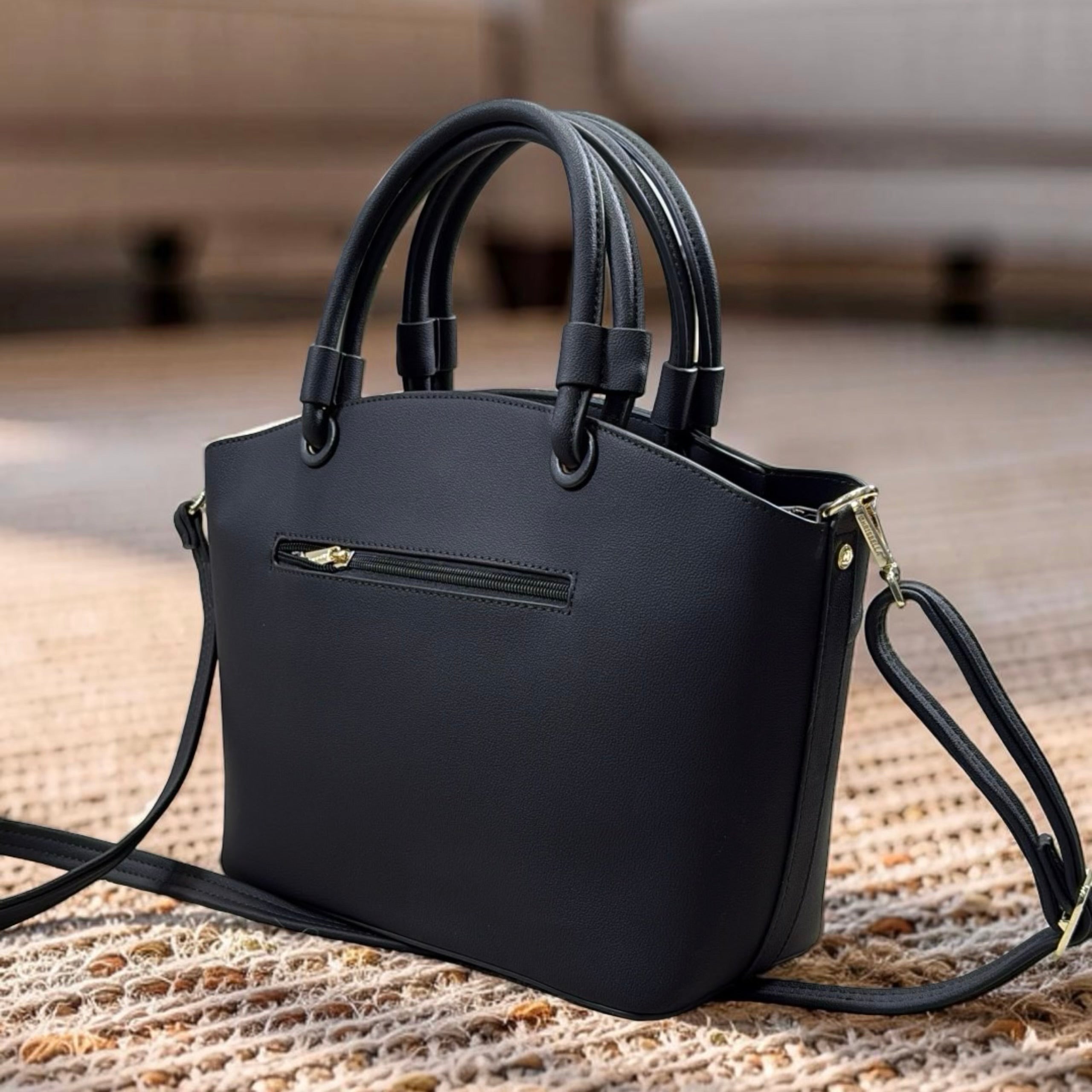 Chrisbella Triple Compartment Double Handle Bag in Beige Black