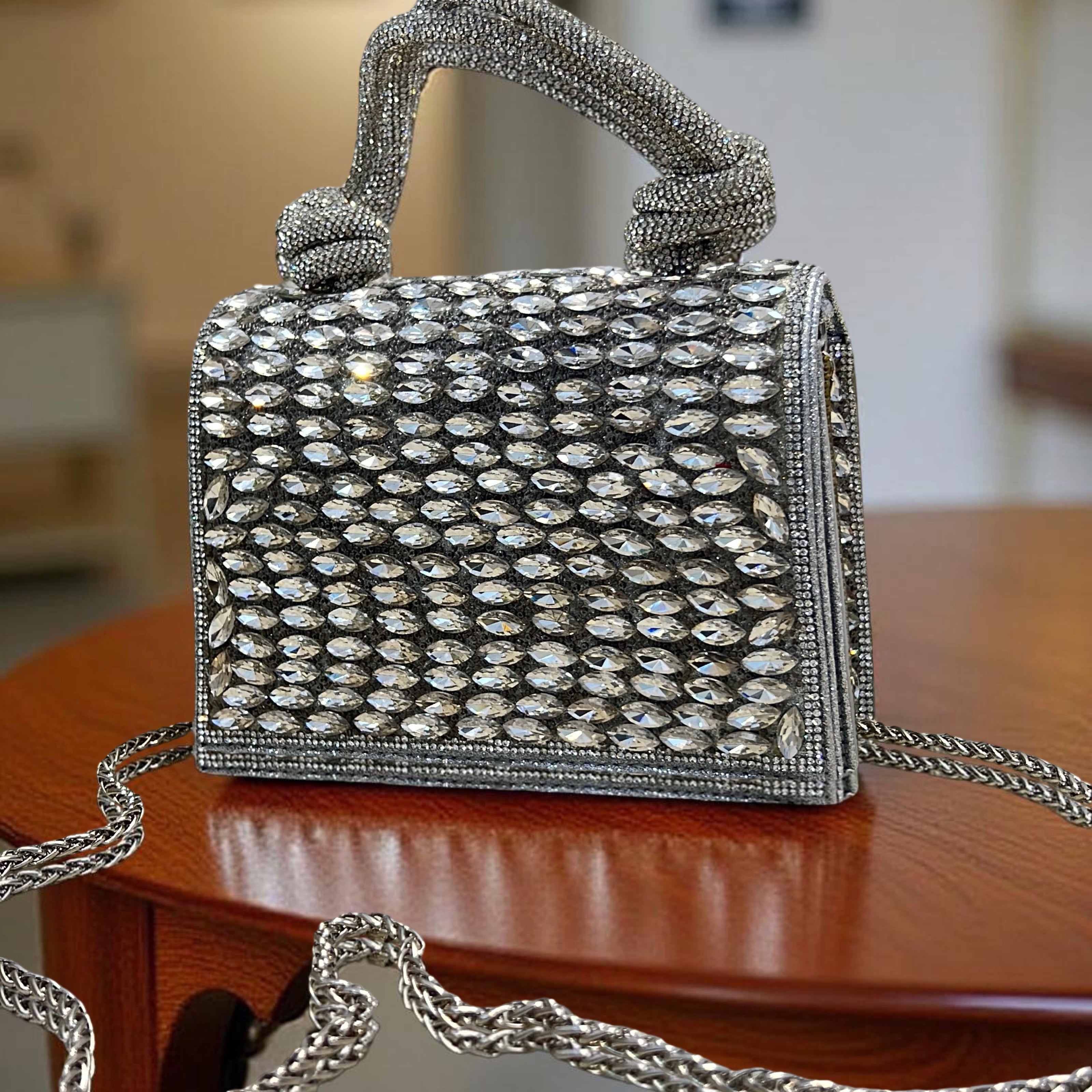 Top Handle Tie-Knot Embellished Purse in Silver
