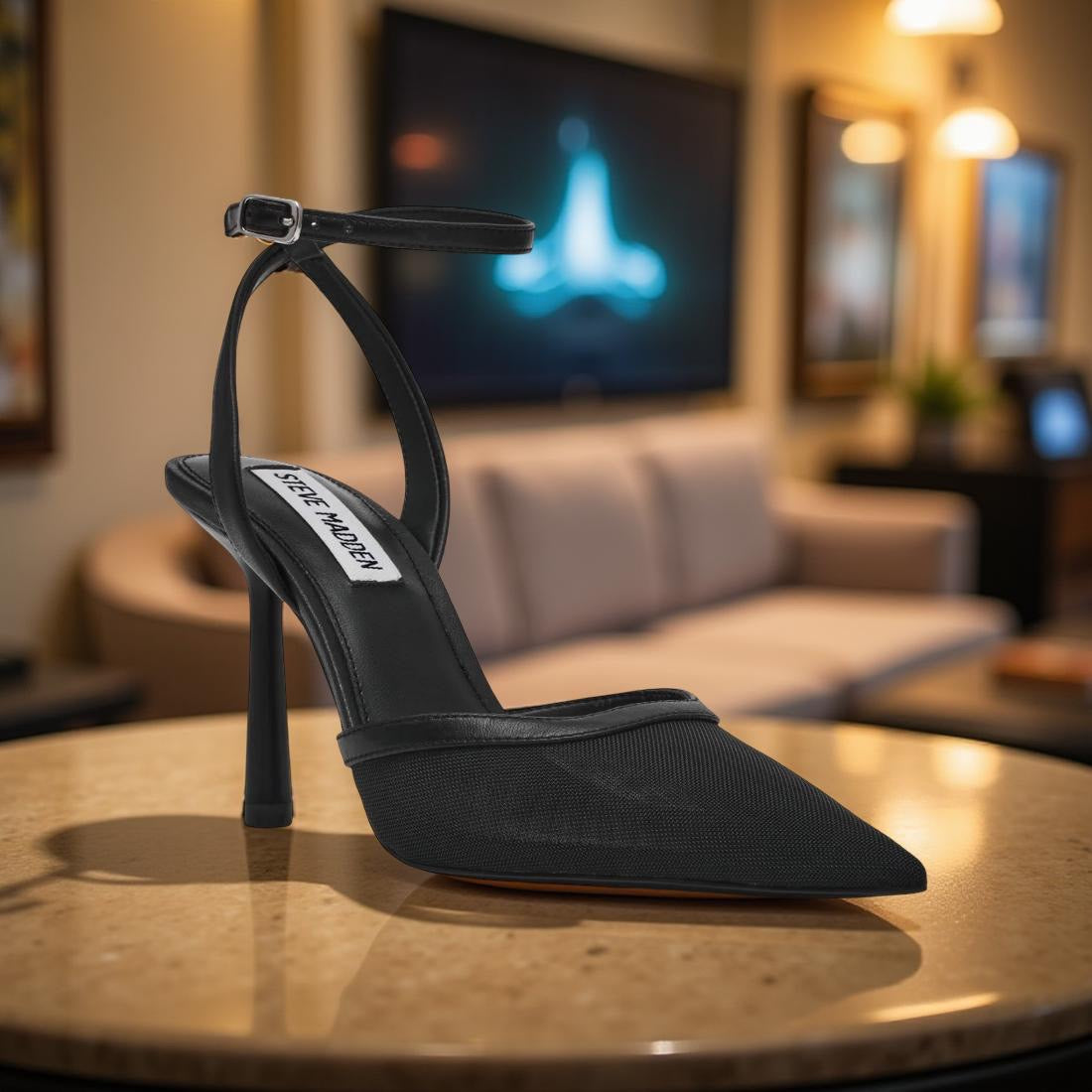 Steve Madden Mesh Pointed Toe Ankle Strap Pump In Black