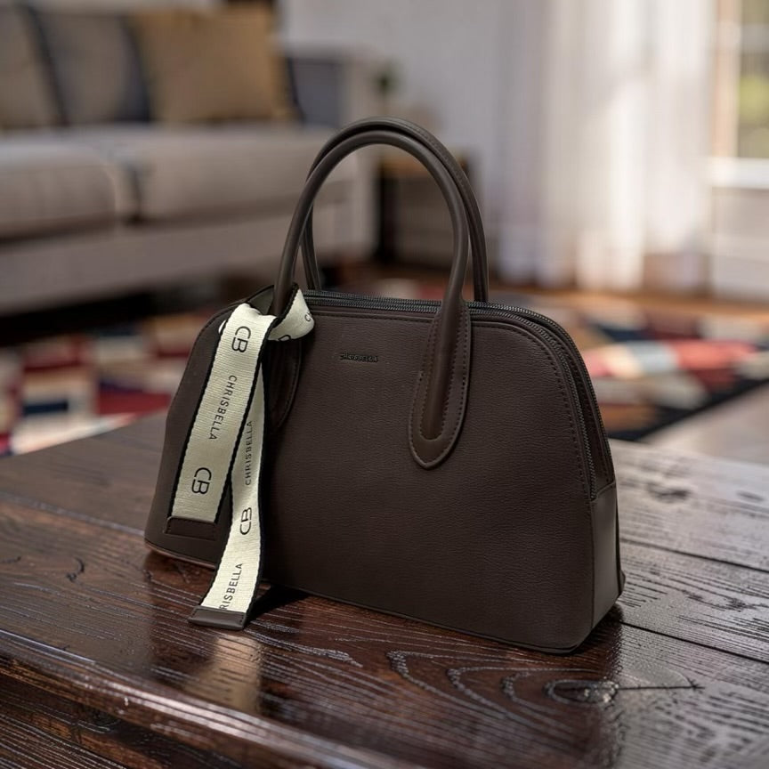 Chrisbella Double Comparment Matte Leather Bag in Dark Coffee