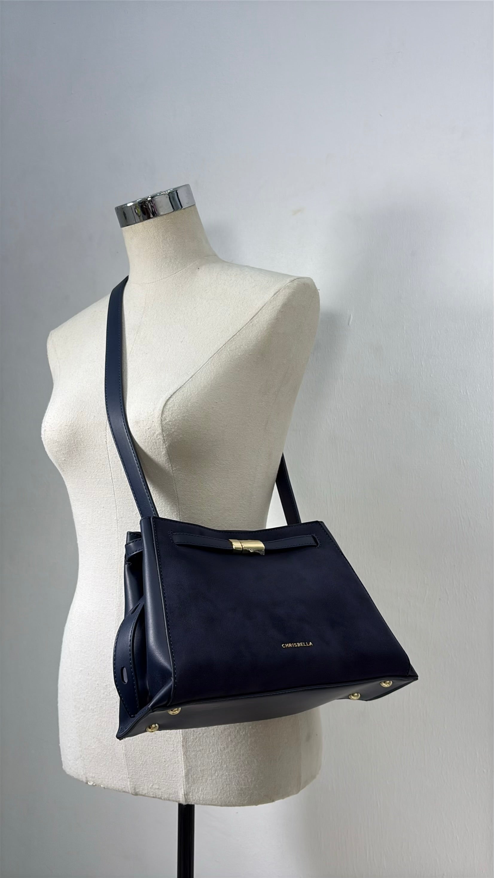 Chrisbella Top Handle Contrast Leather Bag in Navy