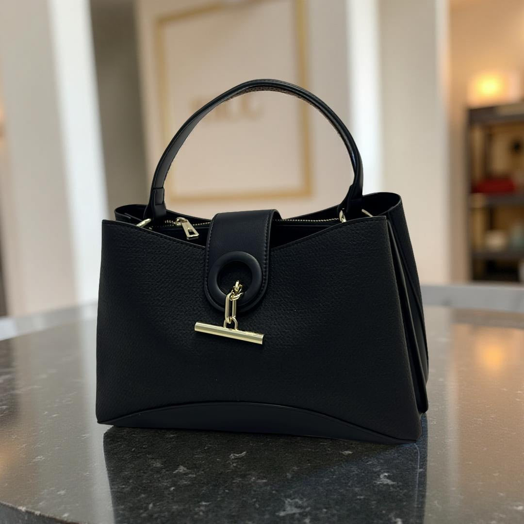 Chrisbella Contrast Leather Triple Compartment Bag in Black