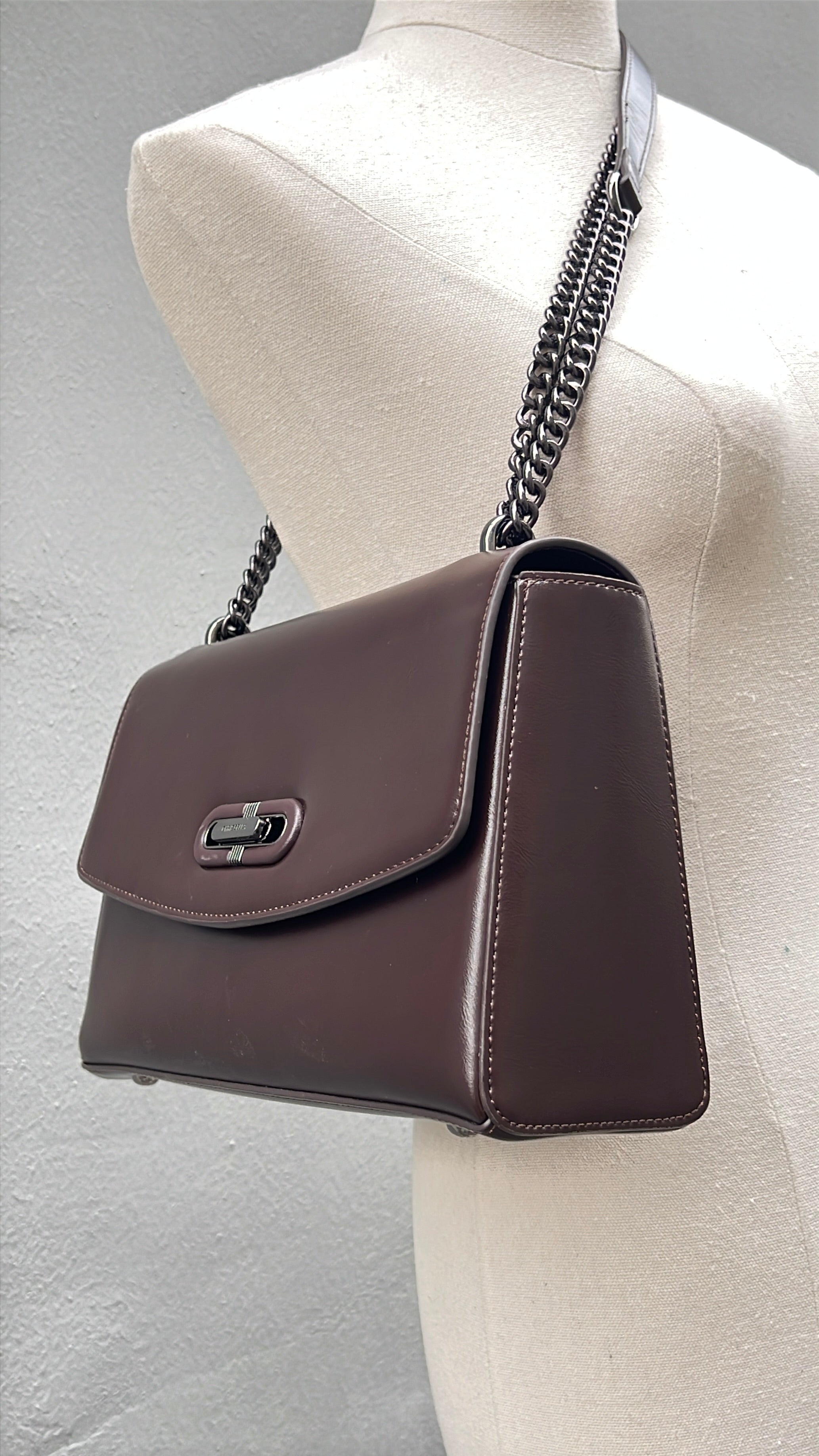 Chrisbella Leather Slide-Knob Sling Bag in Coffee