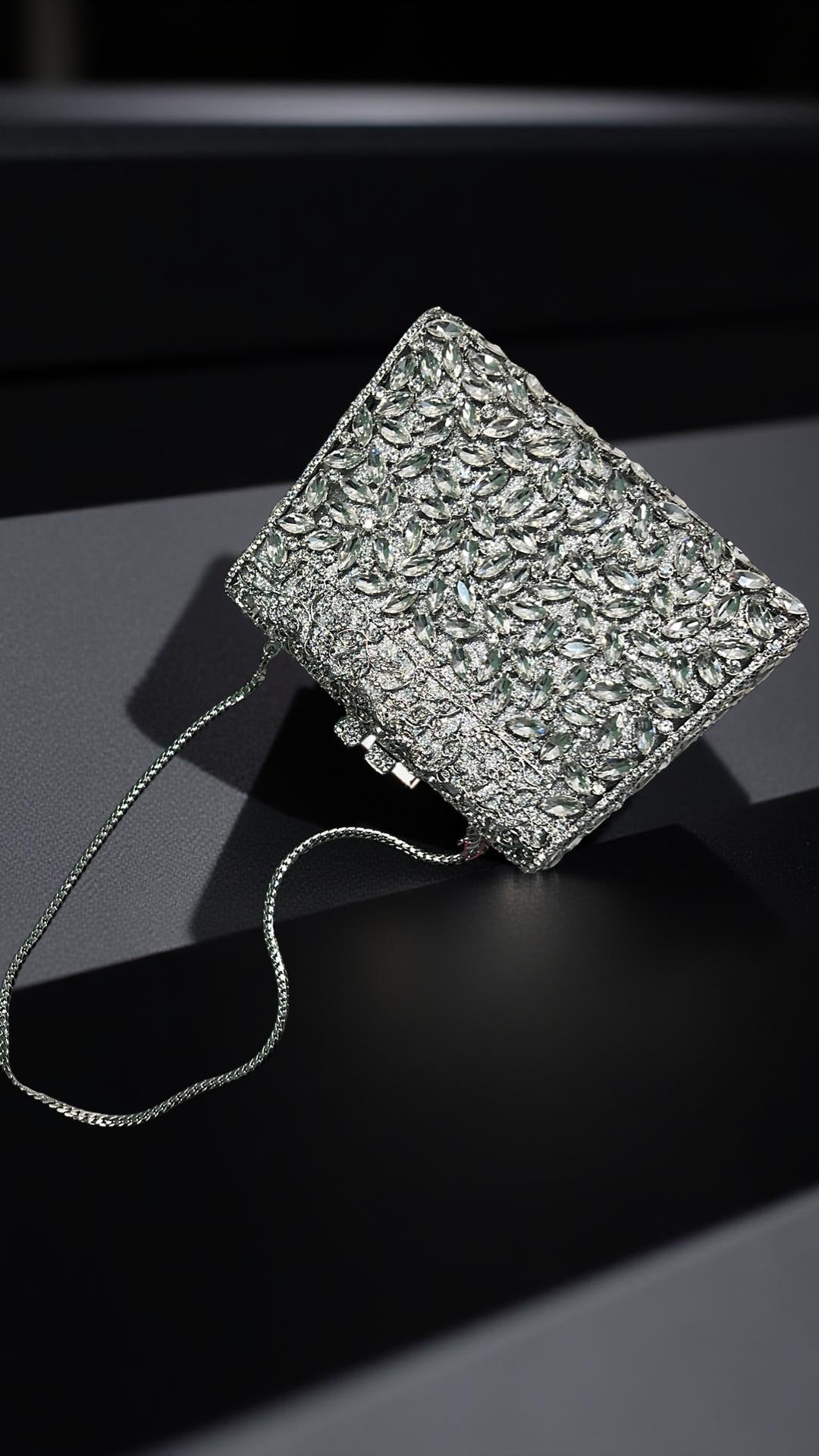 Milan Luxe Clutch Structured Party Purse with Stones in Silver