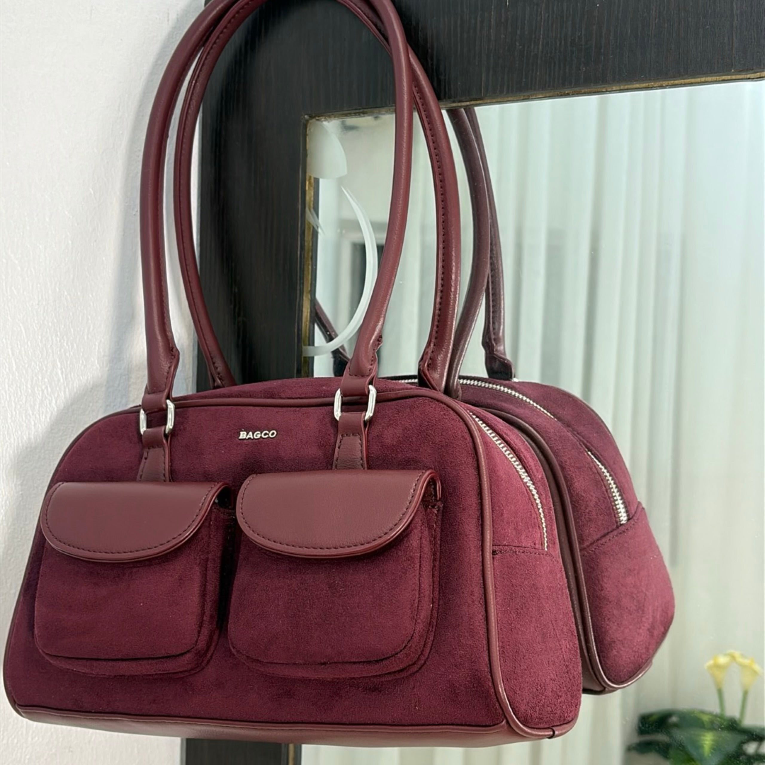 Bagco Pocket Detail Suede Bag in Burgundy