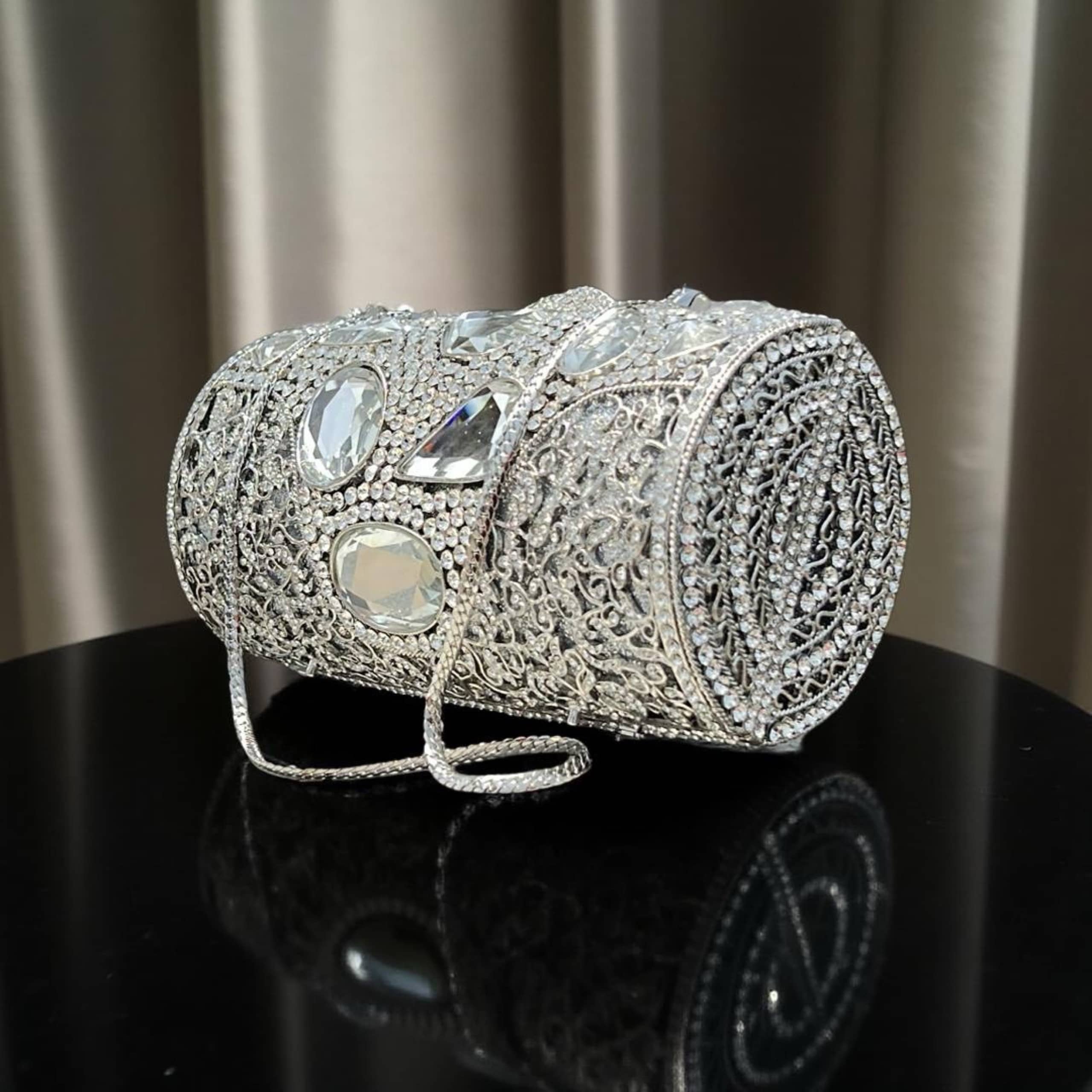 Monaco Sparkle Clutch Silver Rhinestone Evening Bag with Chain Strap