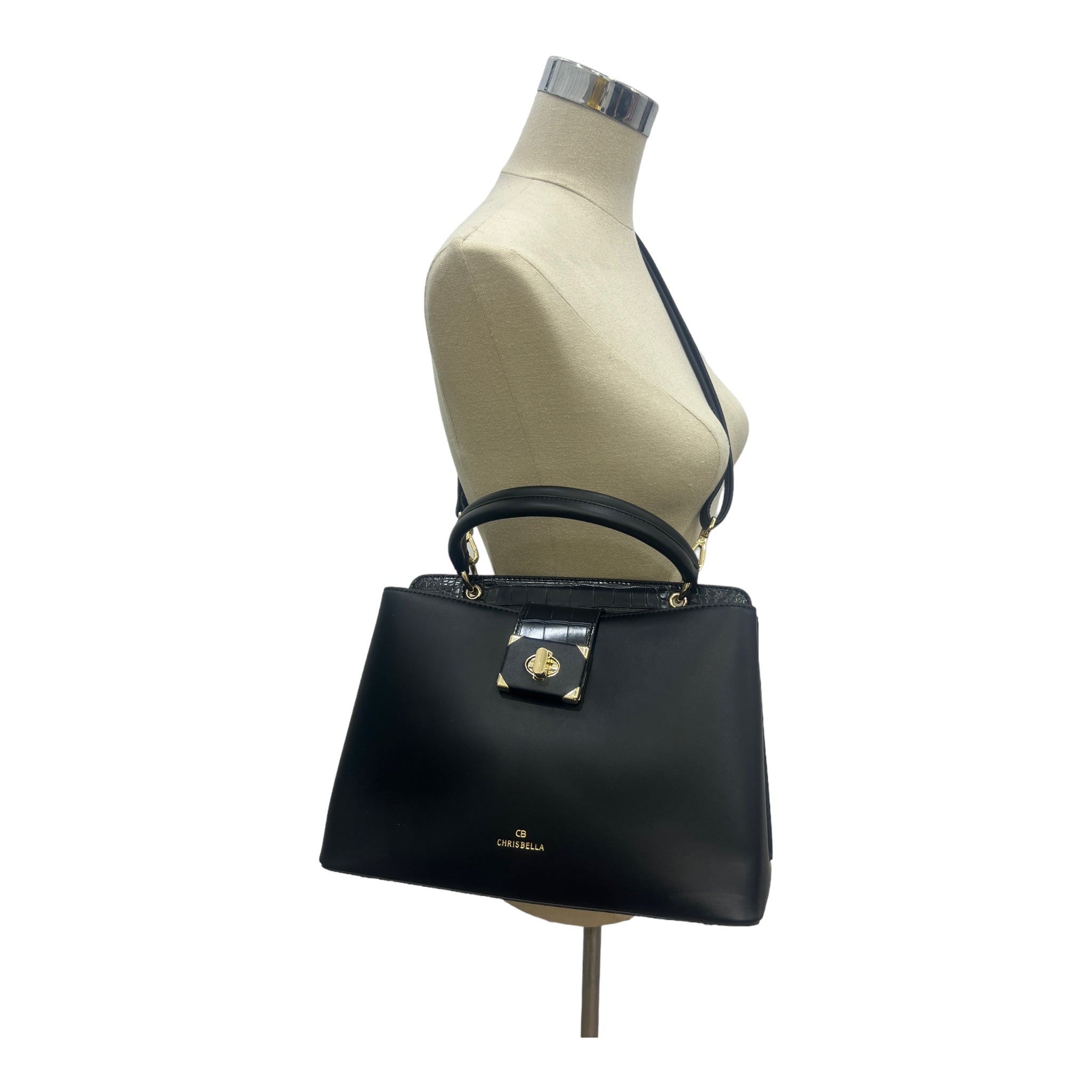CHRISBELLA GOLD-TONE TOP HANDLE BAG IN BLACK