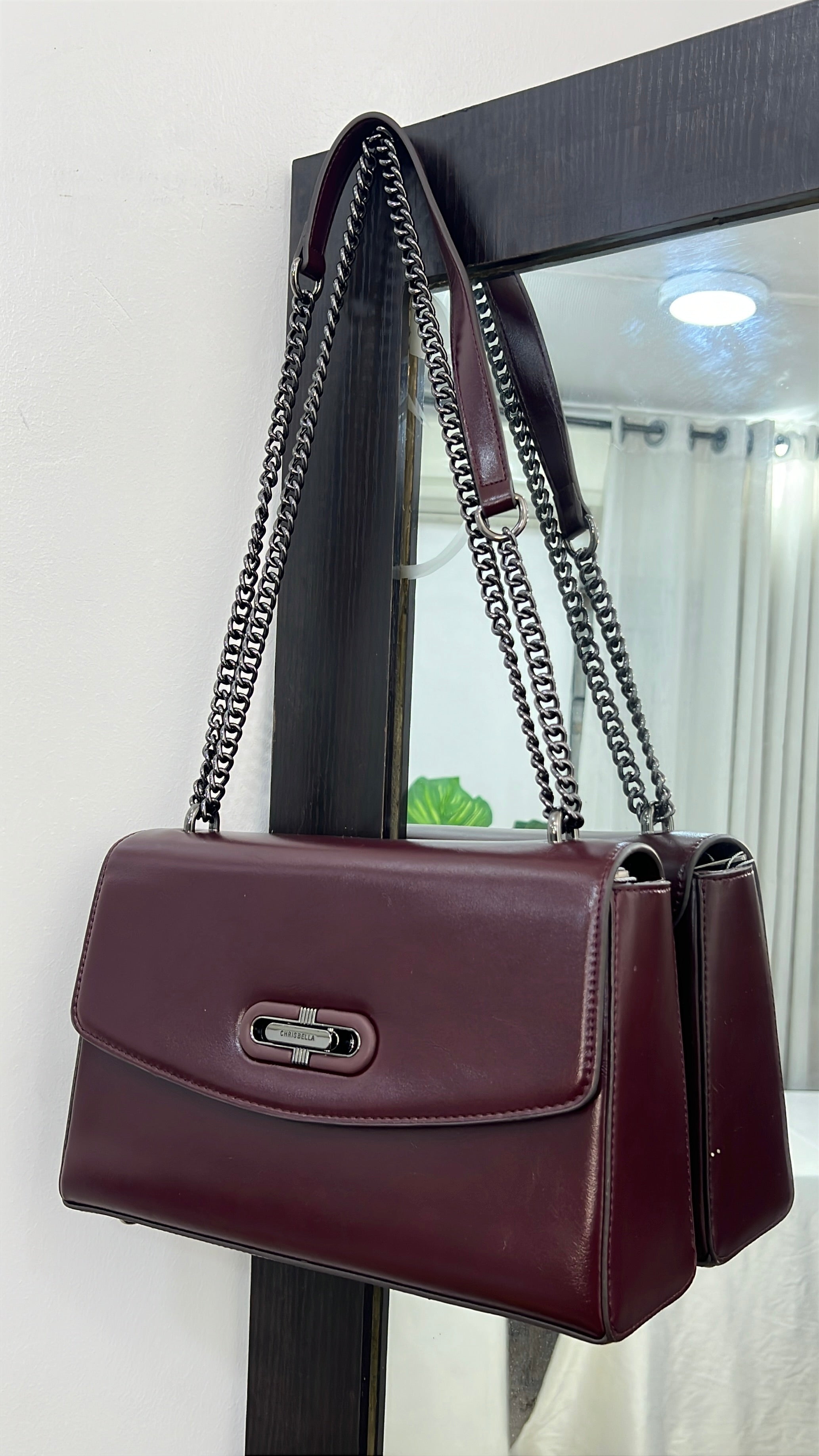 Chrisbella Leather Slide-Knob Sling Bag in Burgundy