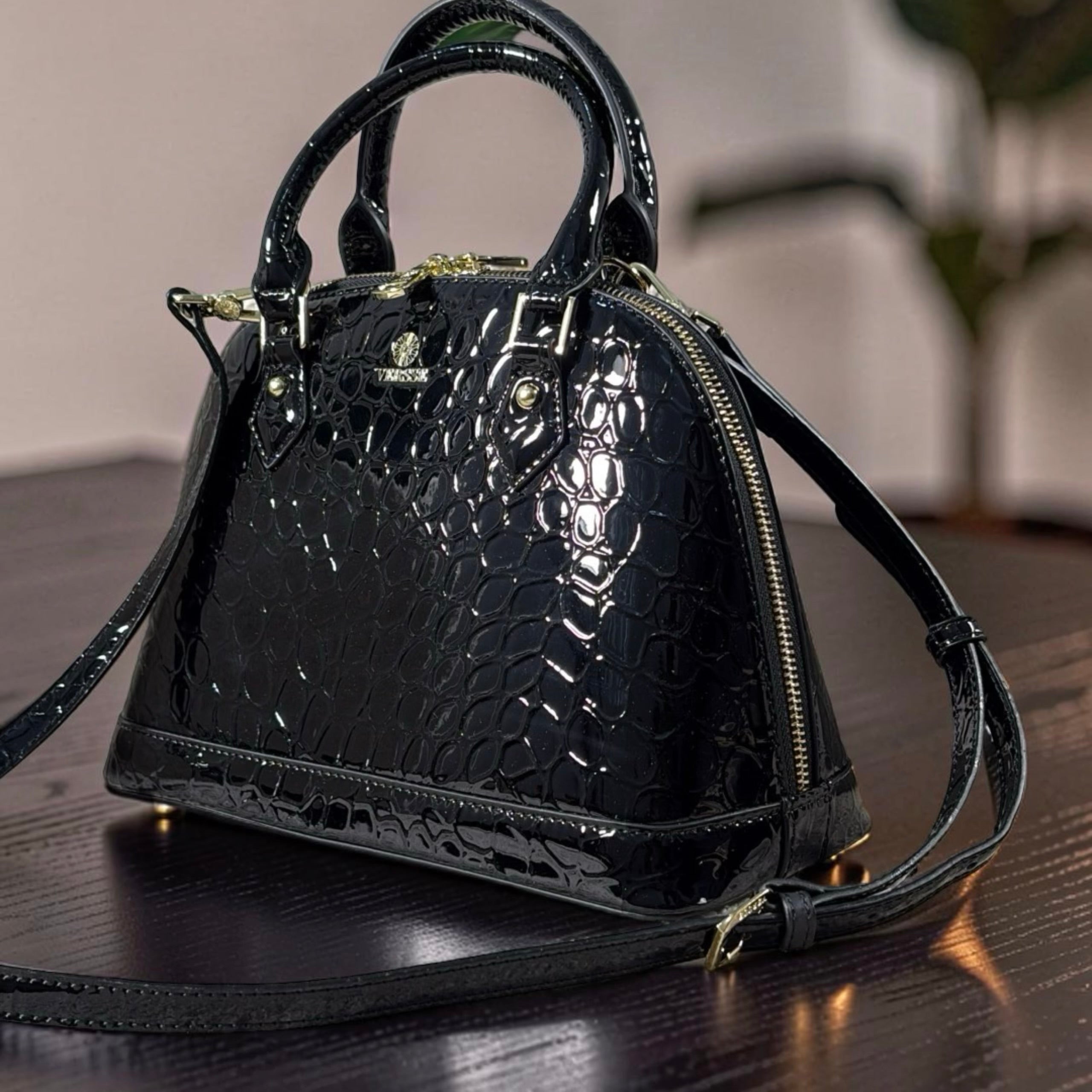 Versse Faux Croc Patent Leather Bag in Black