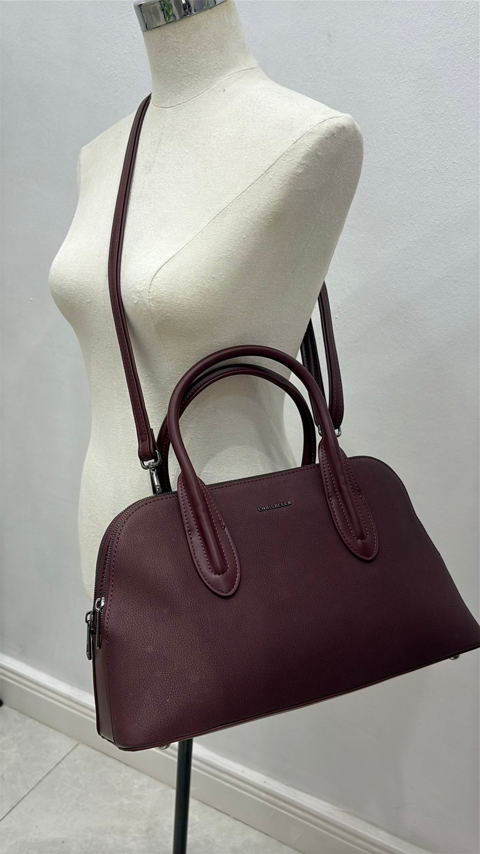Chrisbella Double Comparment Matte Leather Bag in Burgundy