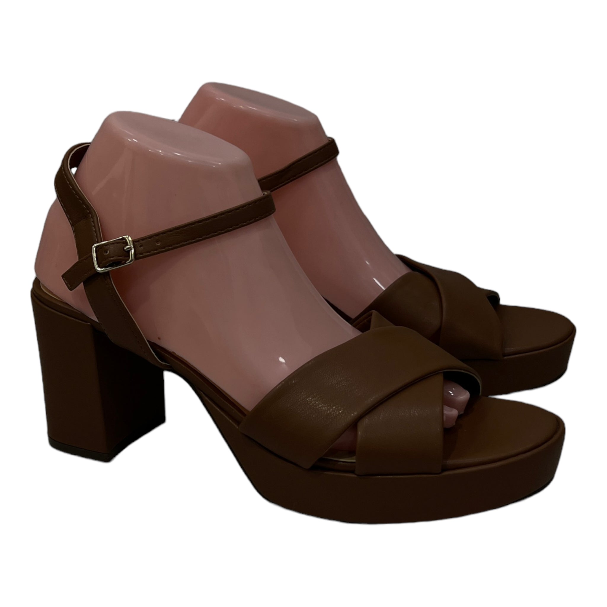 UNISA CROSS STRAP BLOCK HEEL SANDAL IN COGNAC