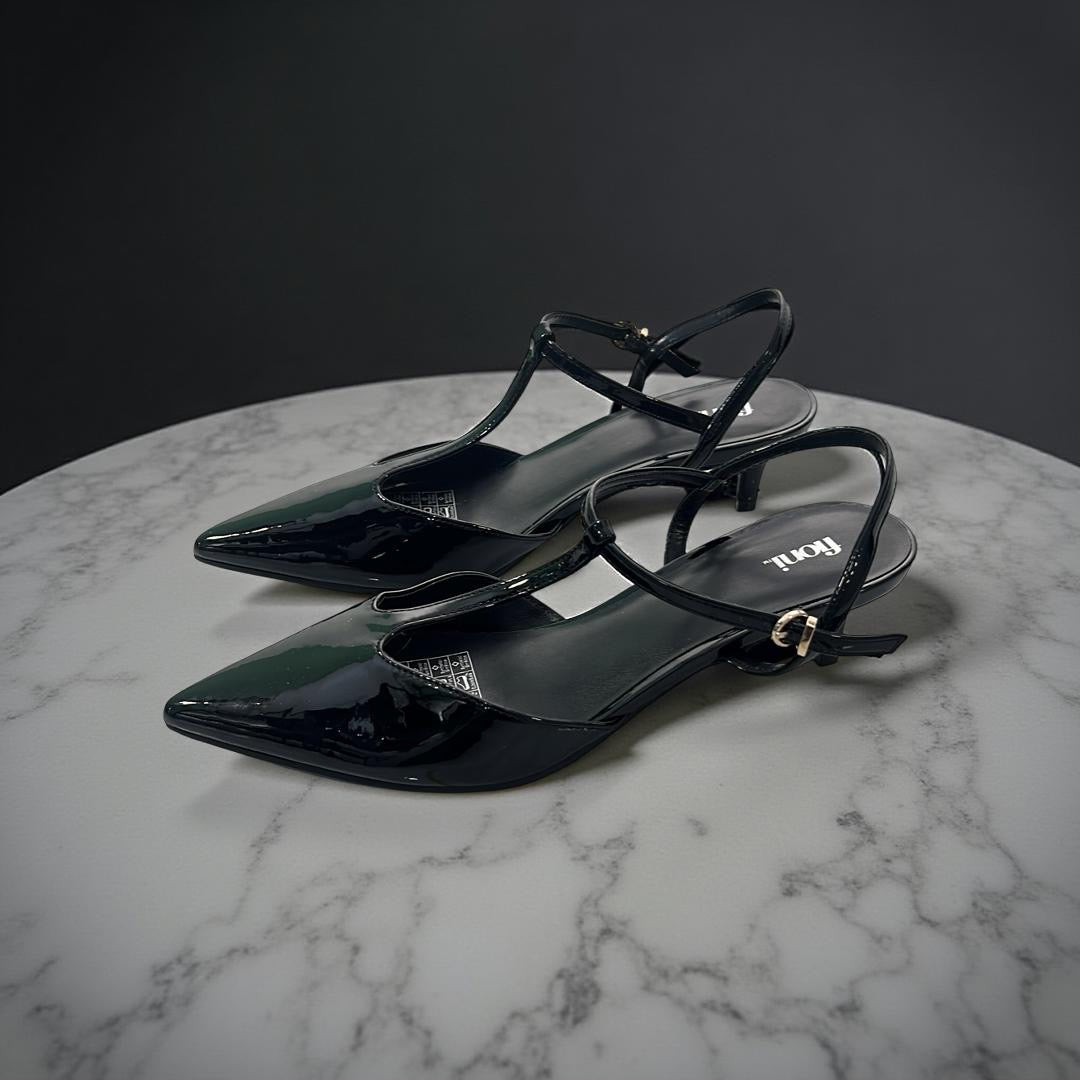 Fioni Patent Leather T-Strap Low Heel Pump in Black