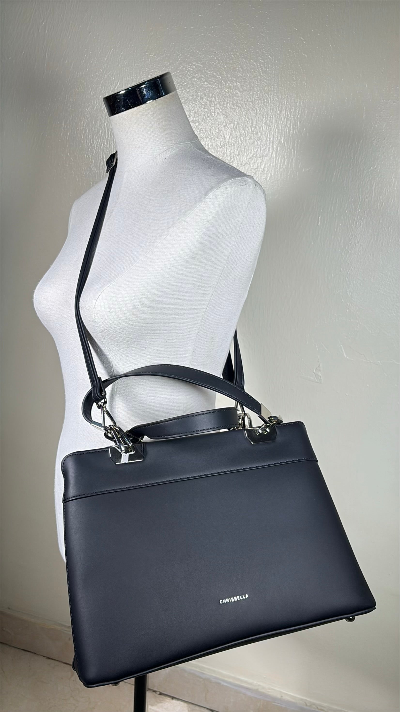 Chrisbella Metal Detail Double Handle 2-in-1 Bag in Black