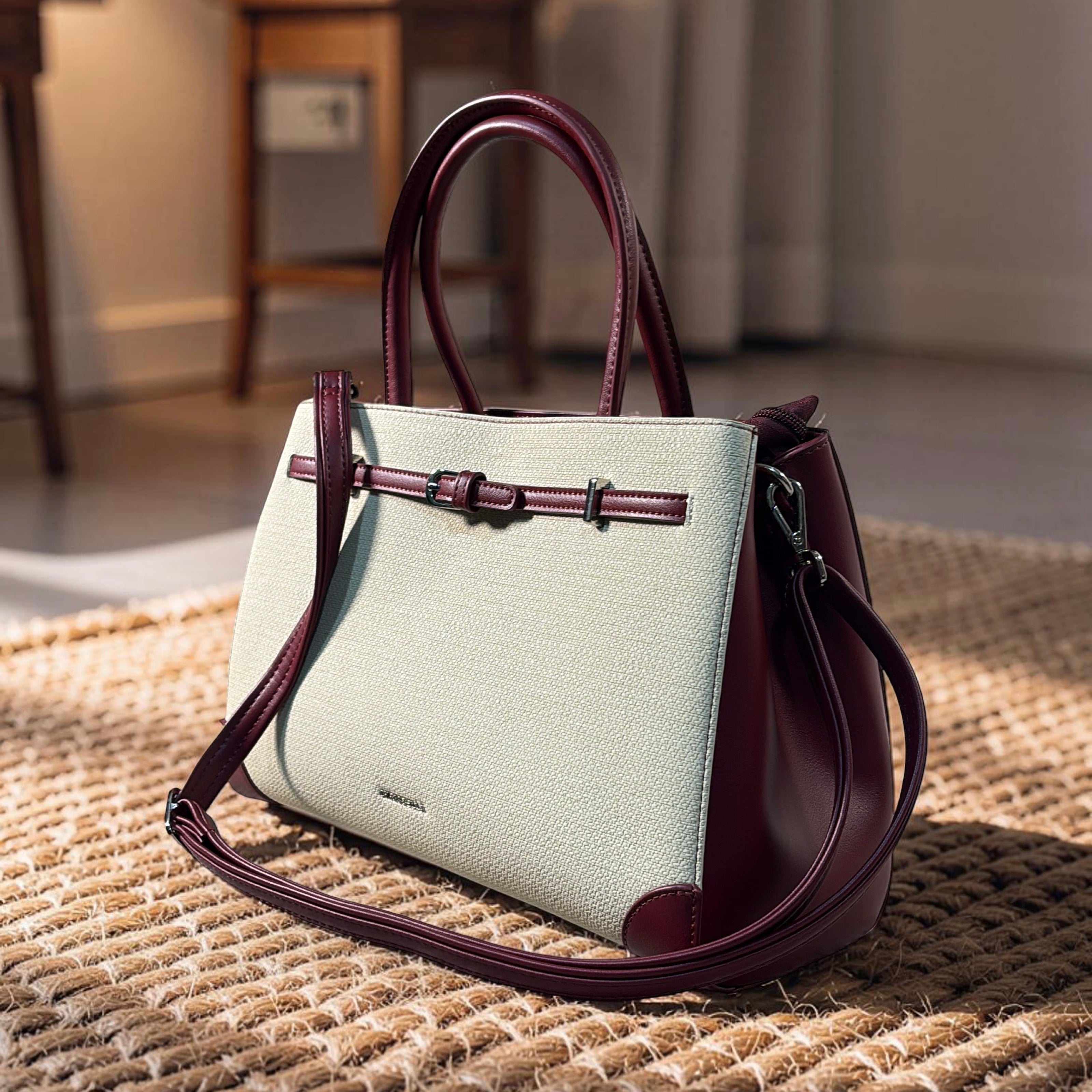 Chrisbella Buckle Detail Structured Bag in Wine