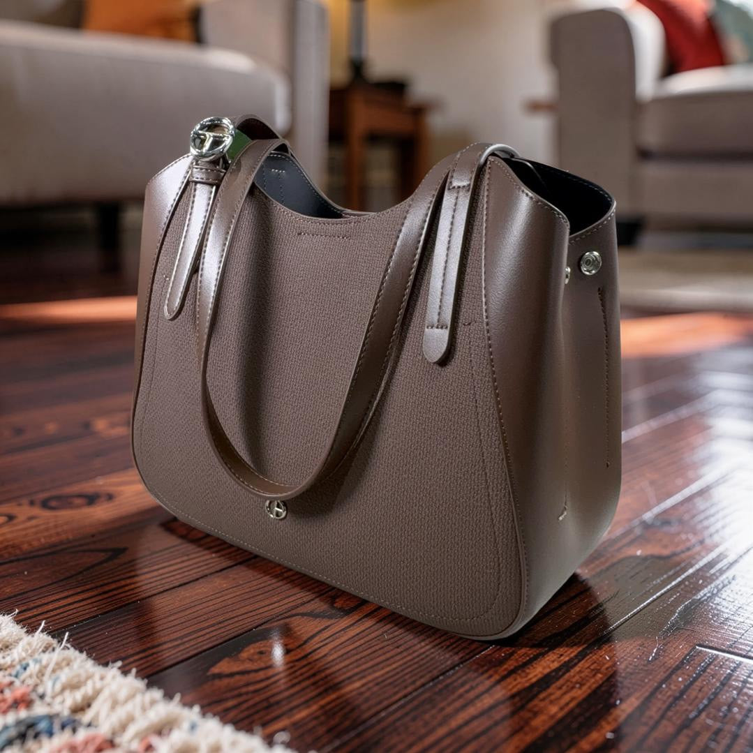 Chrisbella Leather Textured Fabric Contrast Bag in Coffee