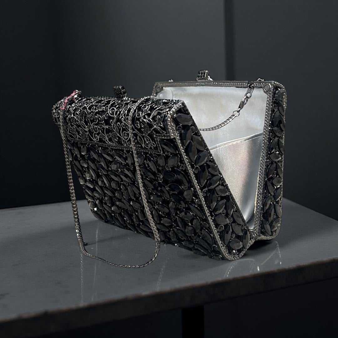 Milan Luxe Clutch Structured Party Purse with Stones in Black
