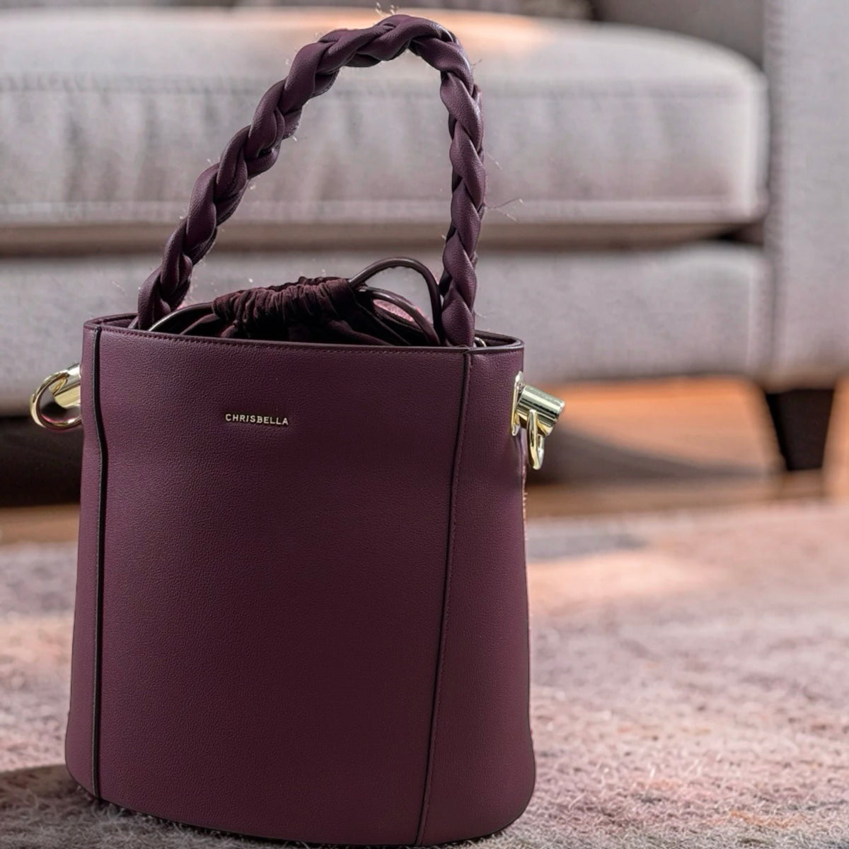 Chrisbella Drawstring Bucket Bag in Burgundy