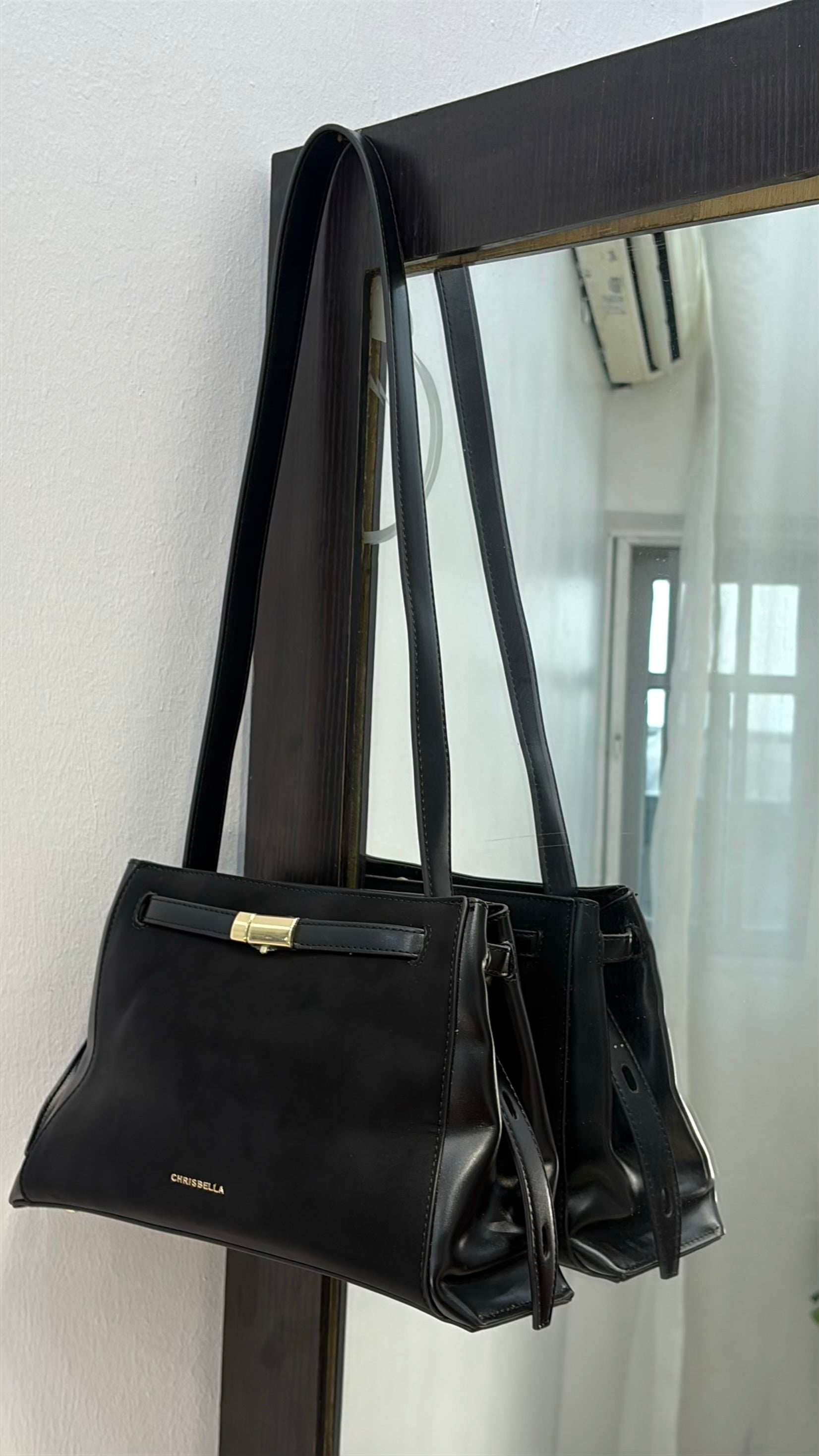 Chrisbella Top Handle Contrast Leather Bag in Black