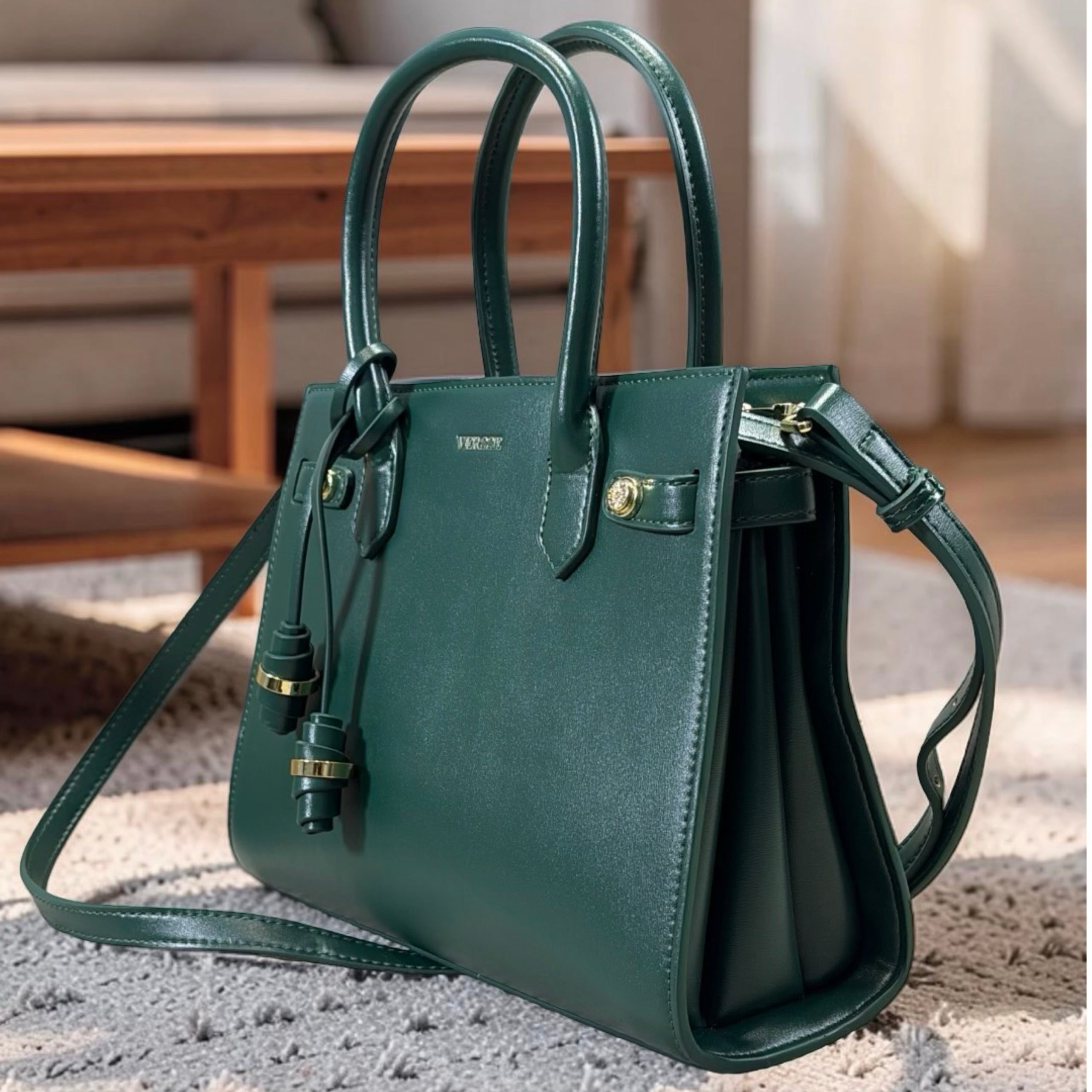 Versse Tassel Detail Structured Double Handle Bag in Green