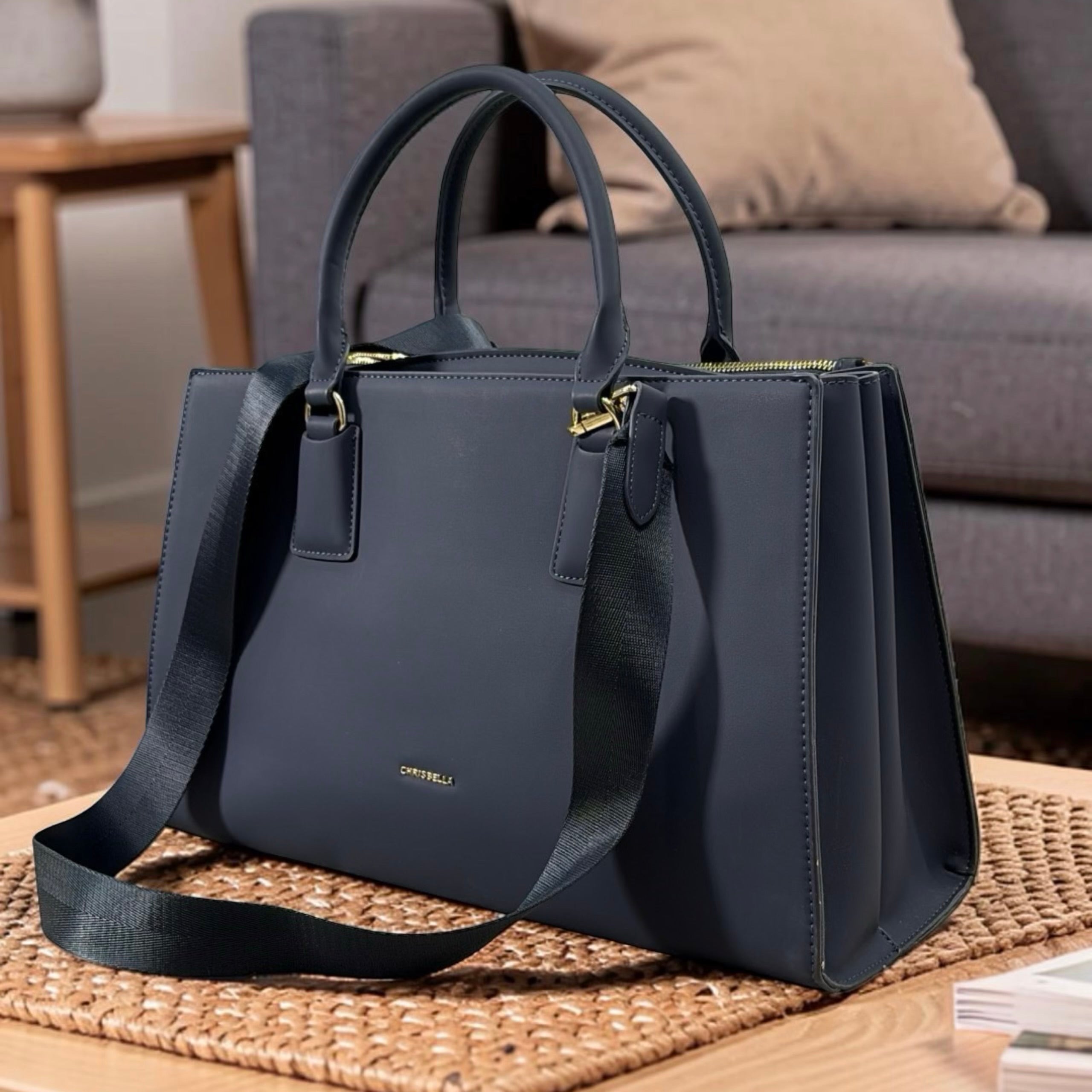 Chrisbella Triple Compartment Large Double Handle Bag in Navy