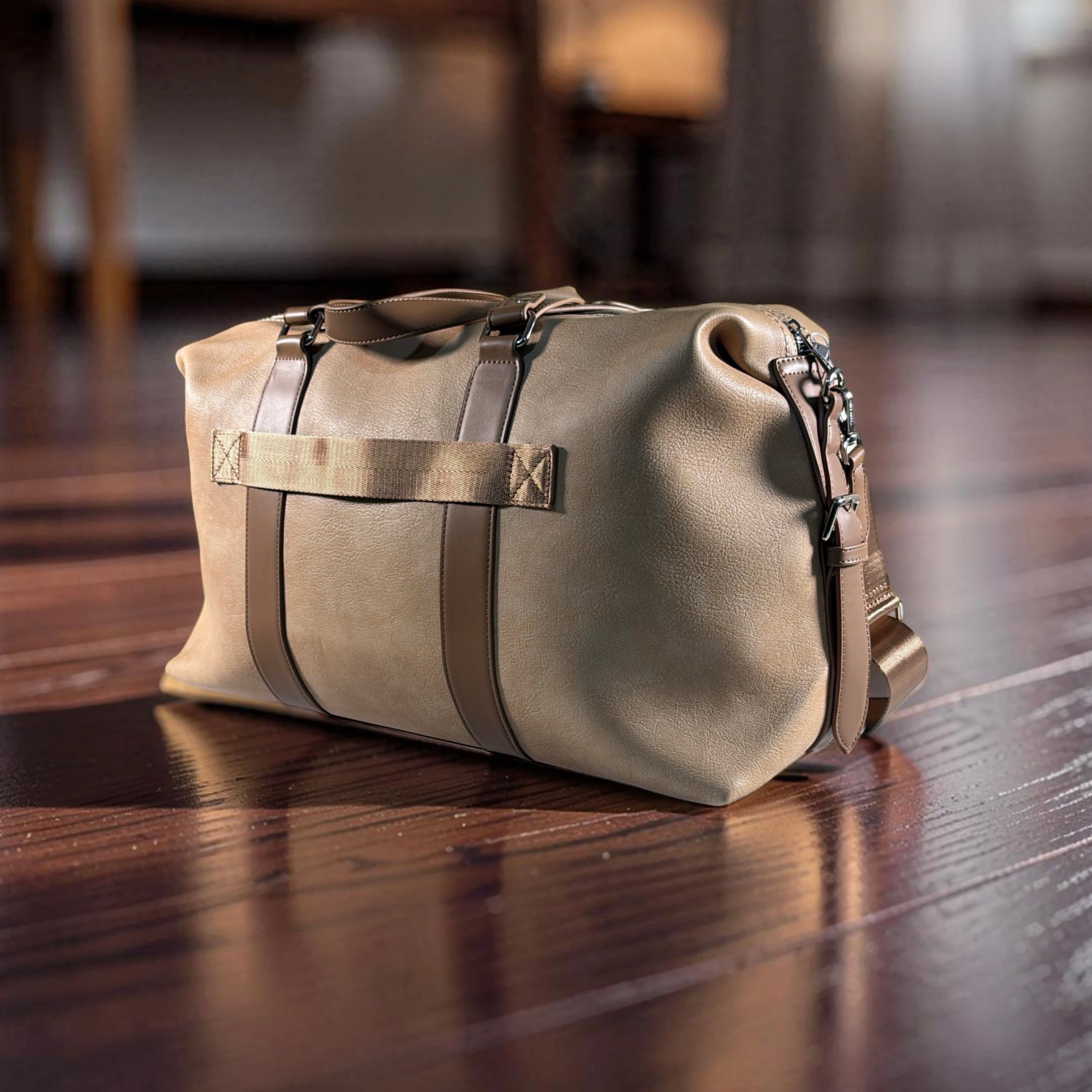 Chrisbella Leather Zip Design Travel Bag in Khaki