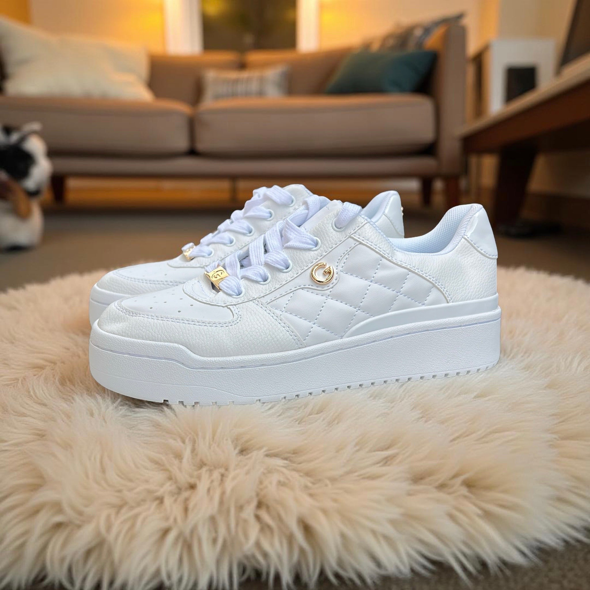 Guess G-Gold Detail Lace-Up Sneakers in White