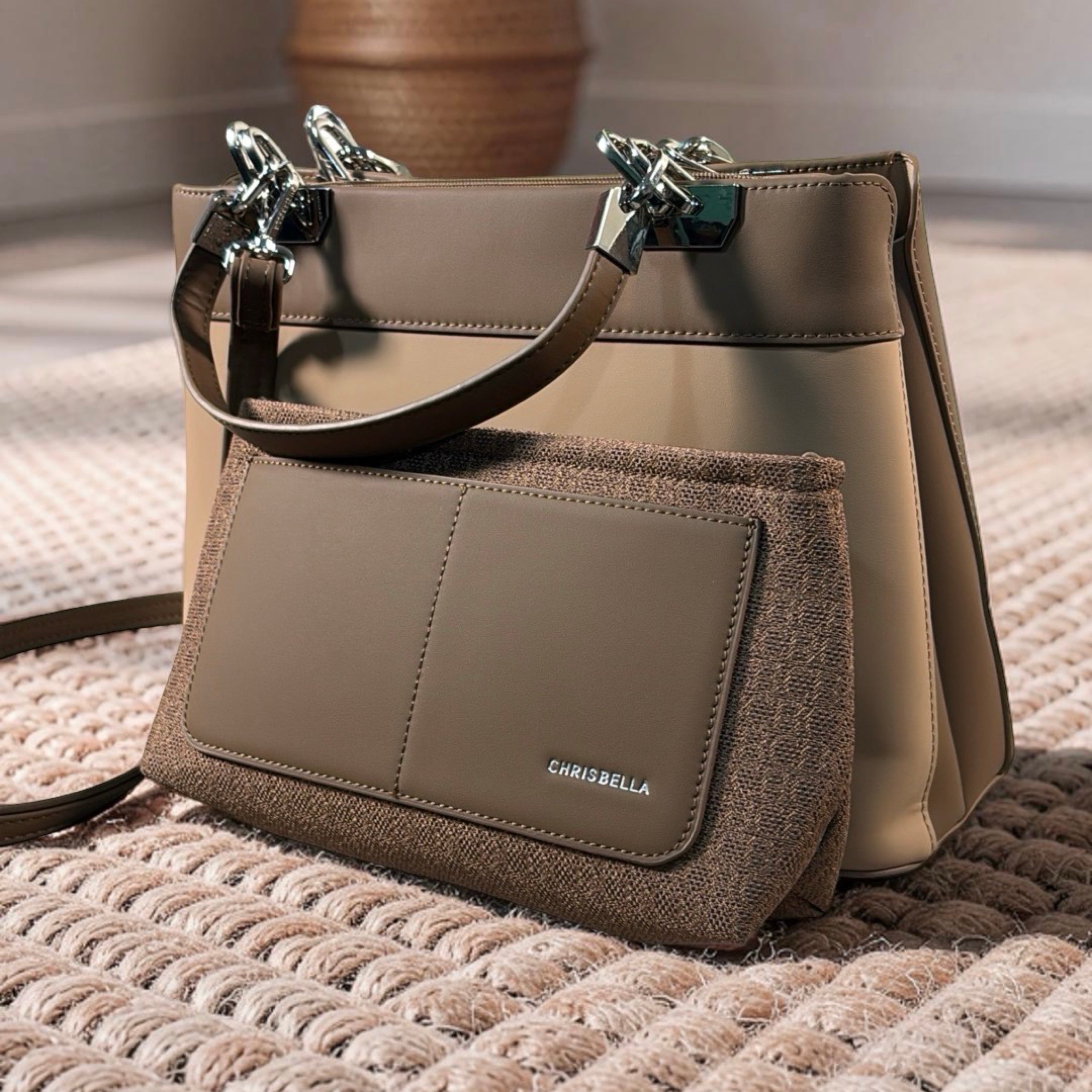 Chrisbella Metal Detail Double Handle 2-in-1 Bag in Mud