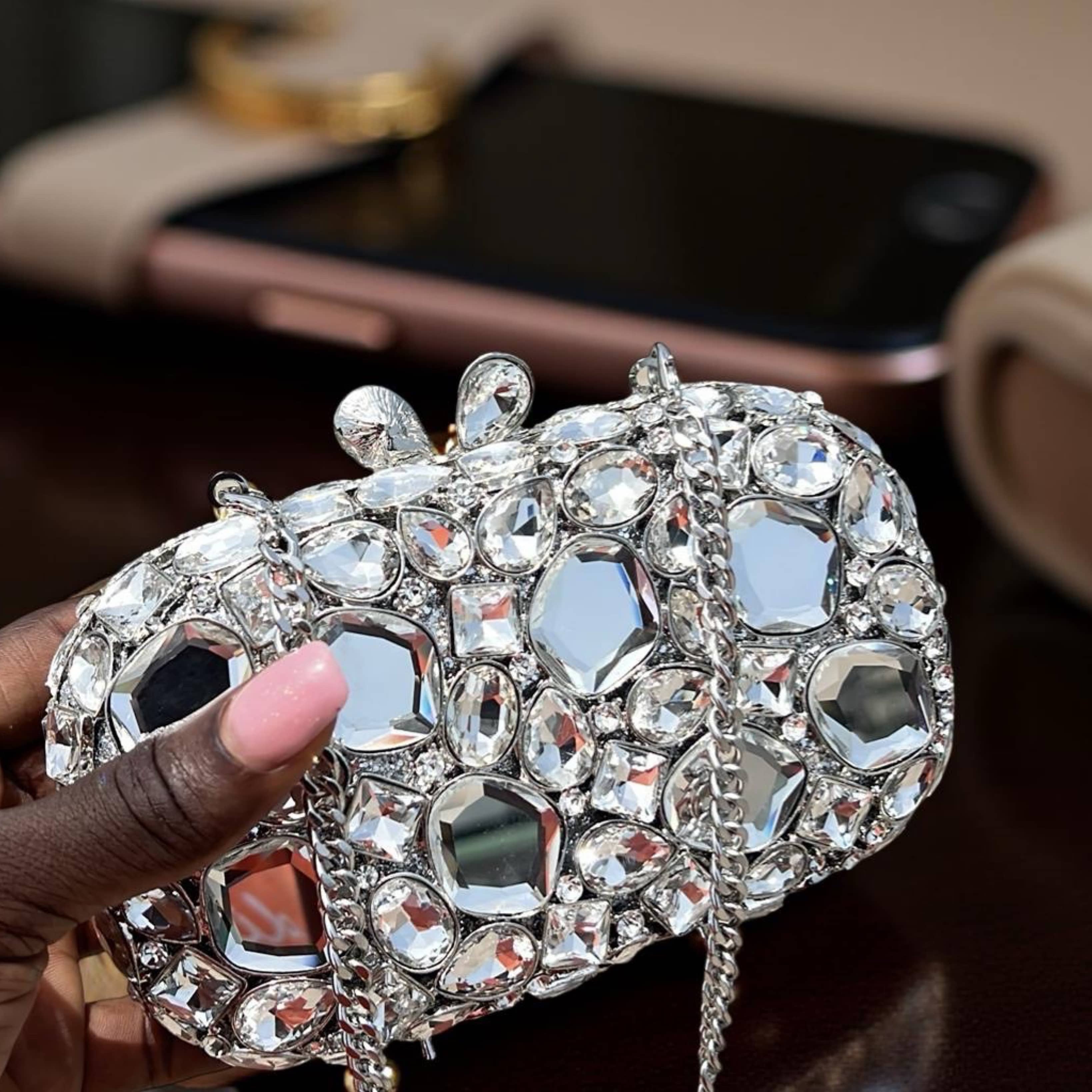 Tulum Sparkle Clutch Silver Rhinestone Evening Bag with Chain Strap