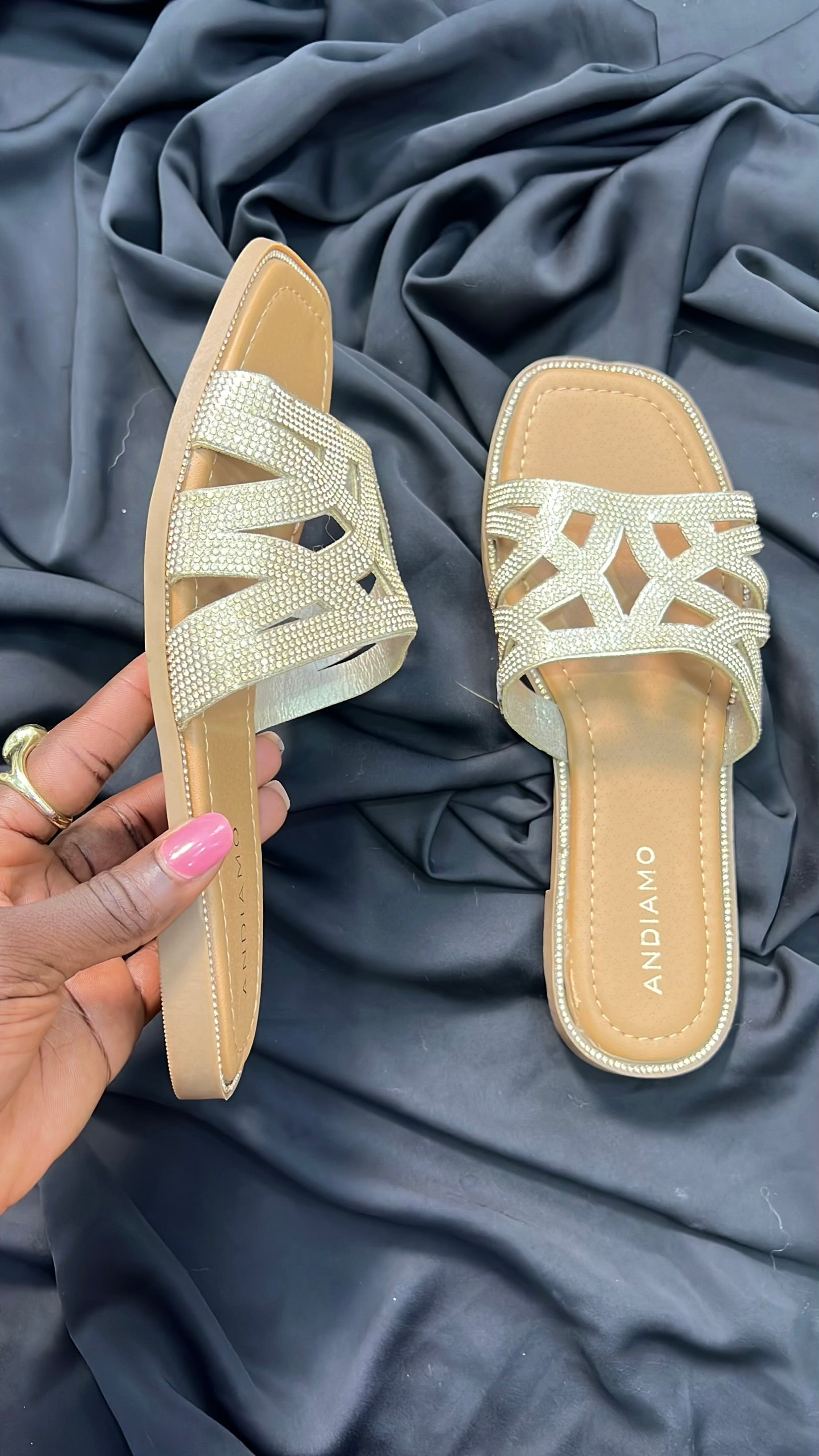 Andiamo Rhinestone Embellished Strap Slide In Gold
