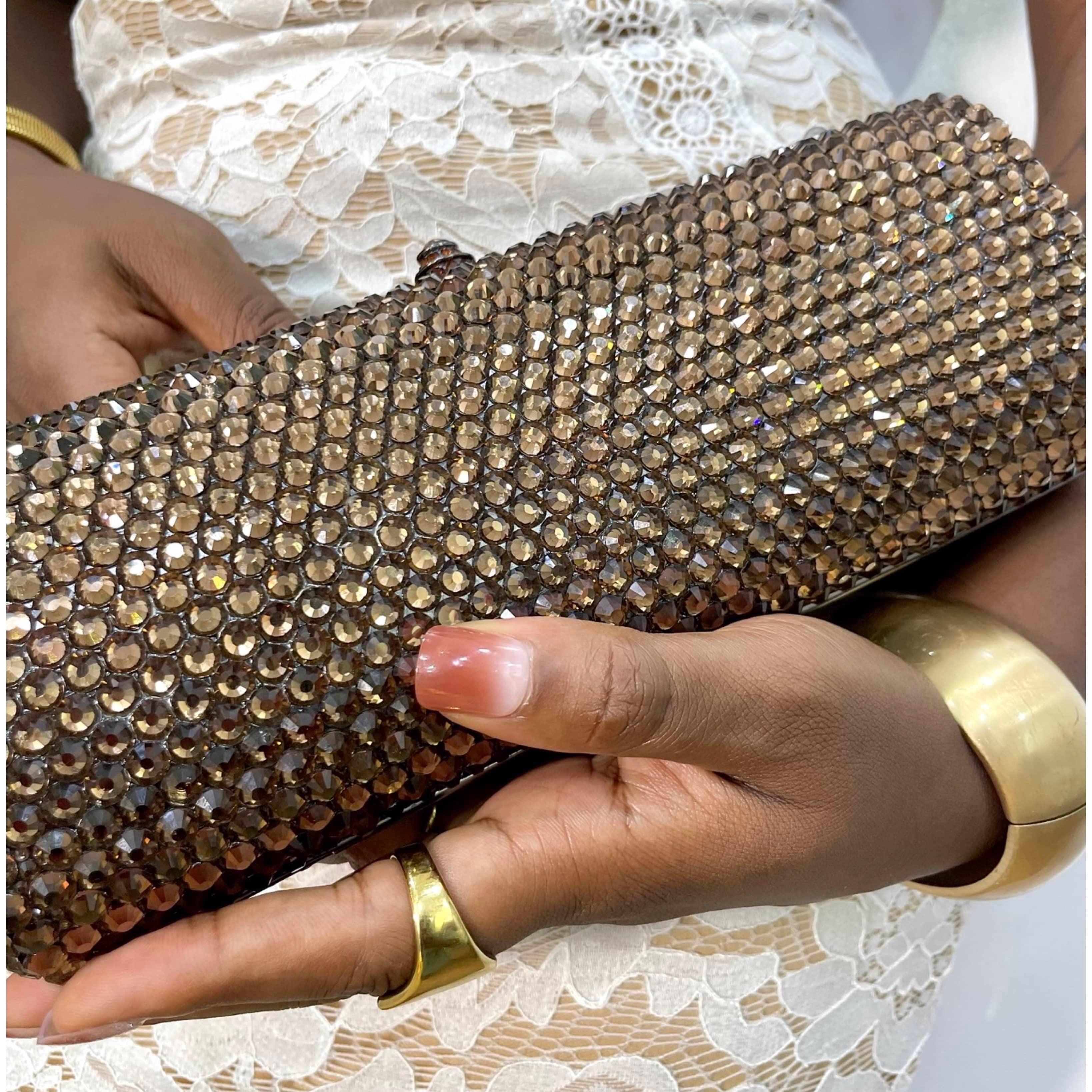 Paris Brown Evening Bag Silver Rhinestone Clutch for Events