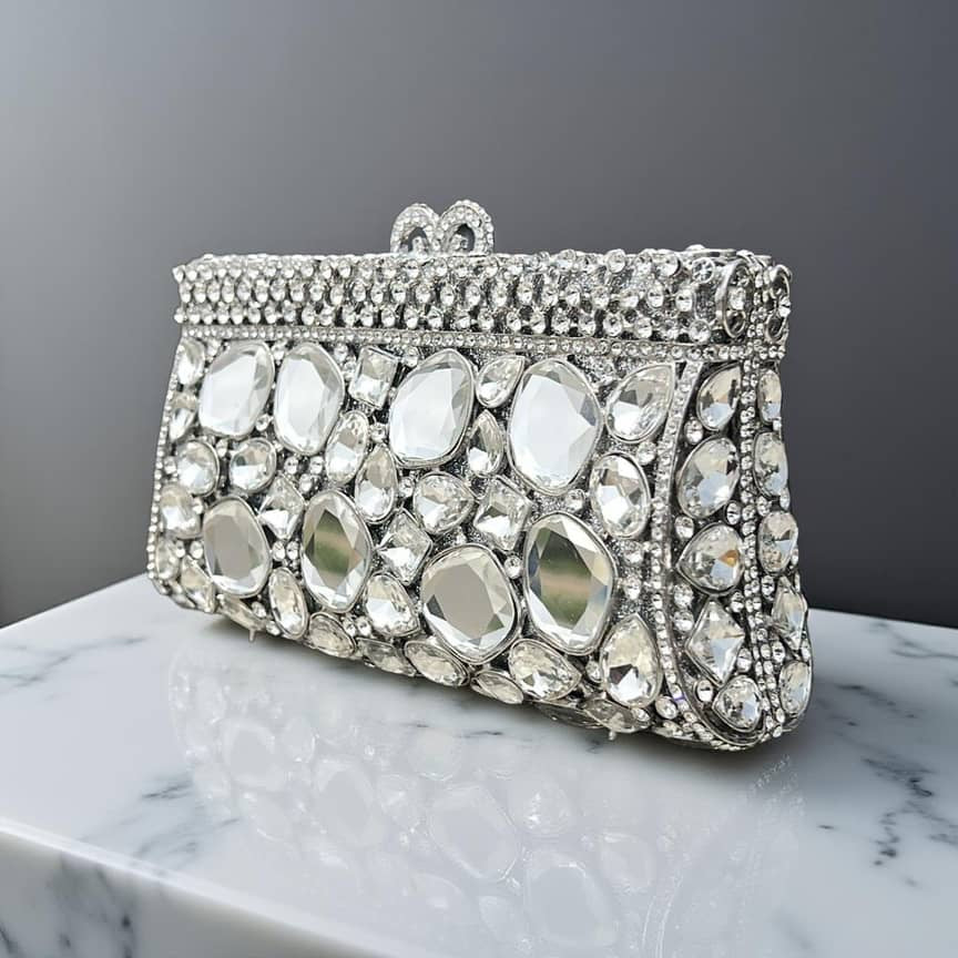 Cairo Glam Clutch Statement Silver Purse with Crystals
