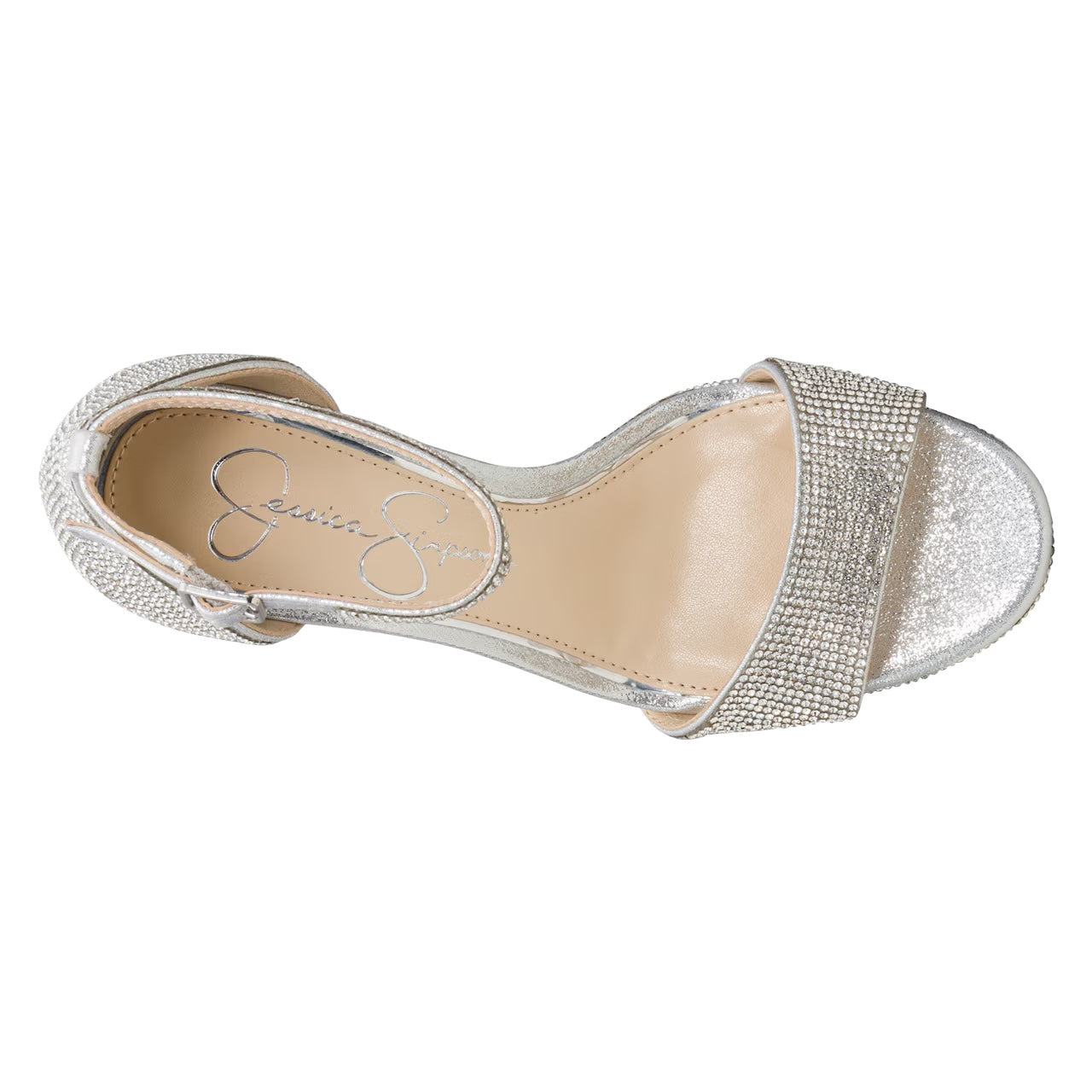 JESSICA SIMPSON EMBELLISHED BLOCK HEEL SANDAL IN SILVER