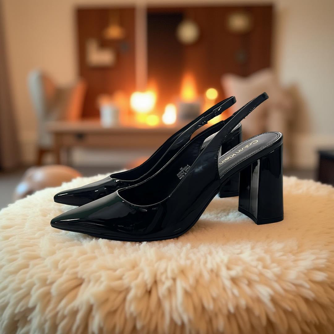 Calvin Klein Patent Leather Pointed Toe Block Heel Slingbacks in Black