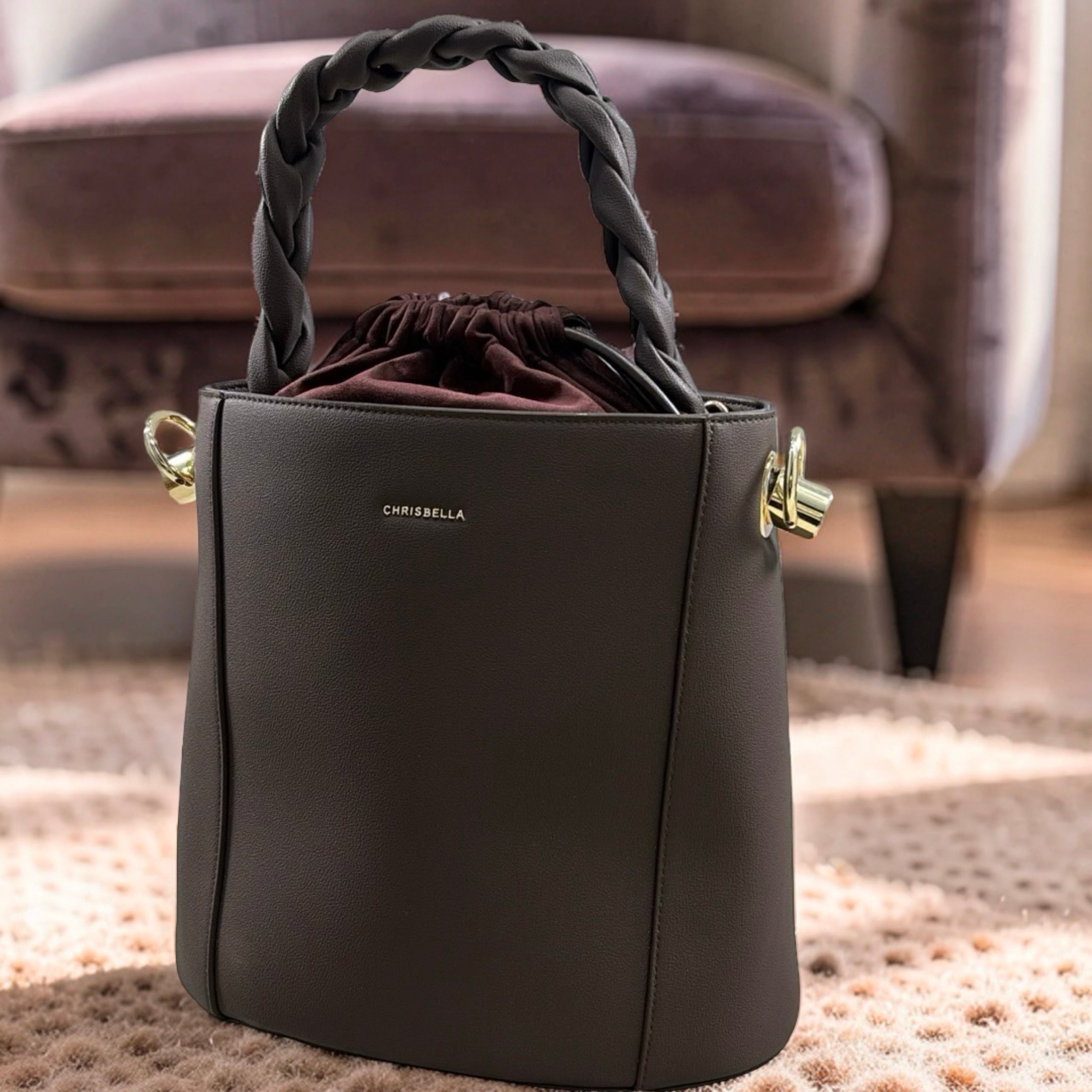 Chrisbella Drawstring Bucket Bag in Coffee