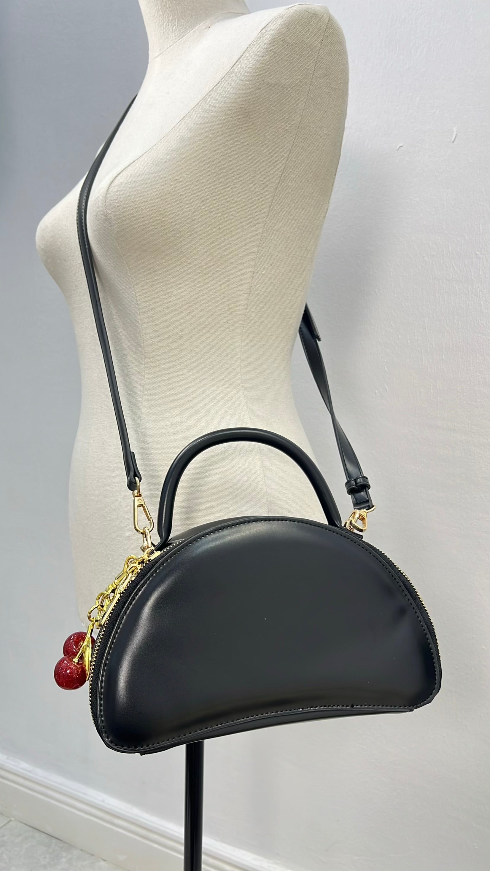 Classic Top Handle Semi-Circle Cherry Charm Mini Bag in Black