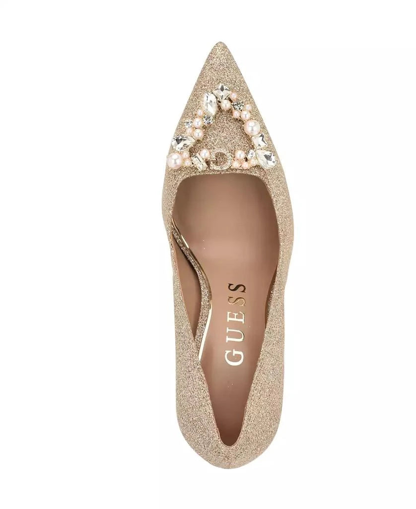 Guess Suede Pointed Toe Brooch Pump in Gold