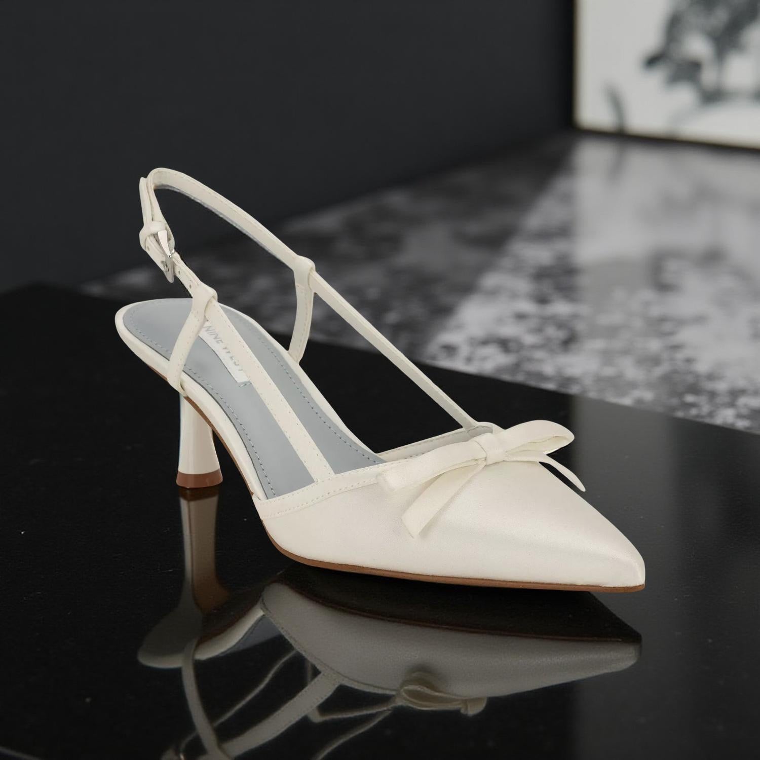 Nine West Satin Bow Detail Pointed Toe Slingbacks in Ivory
