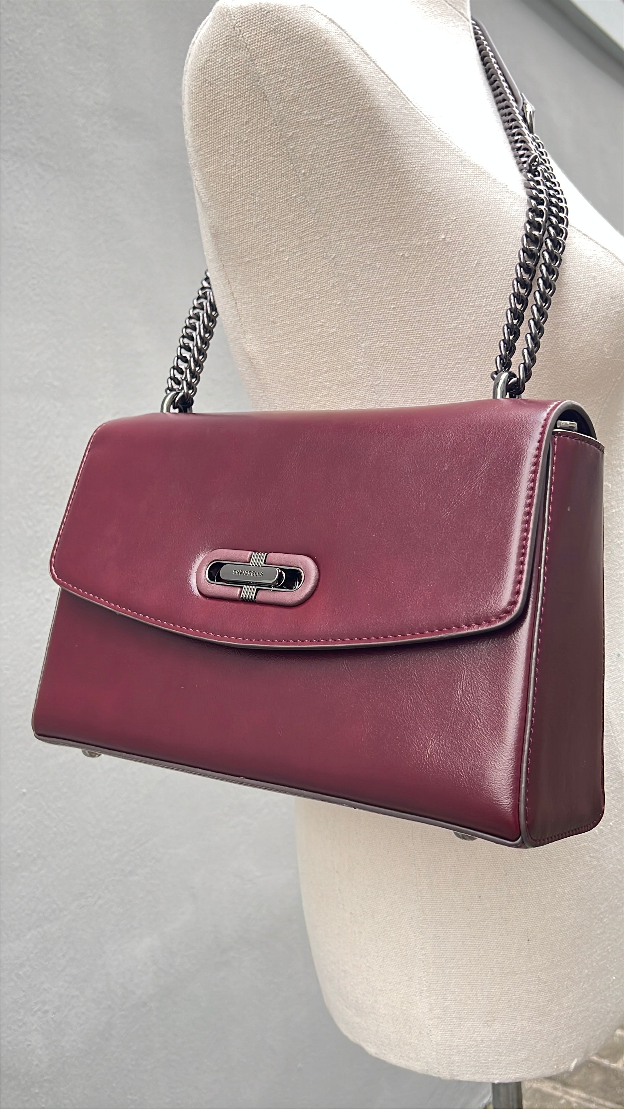 Chrisbella Leather Slide-Knob Sling Bag in Burgundy