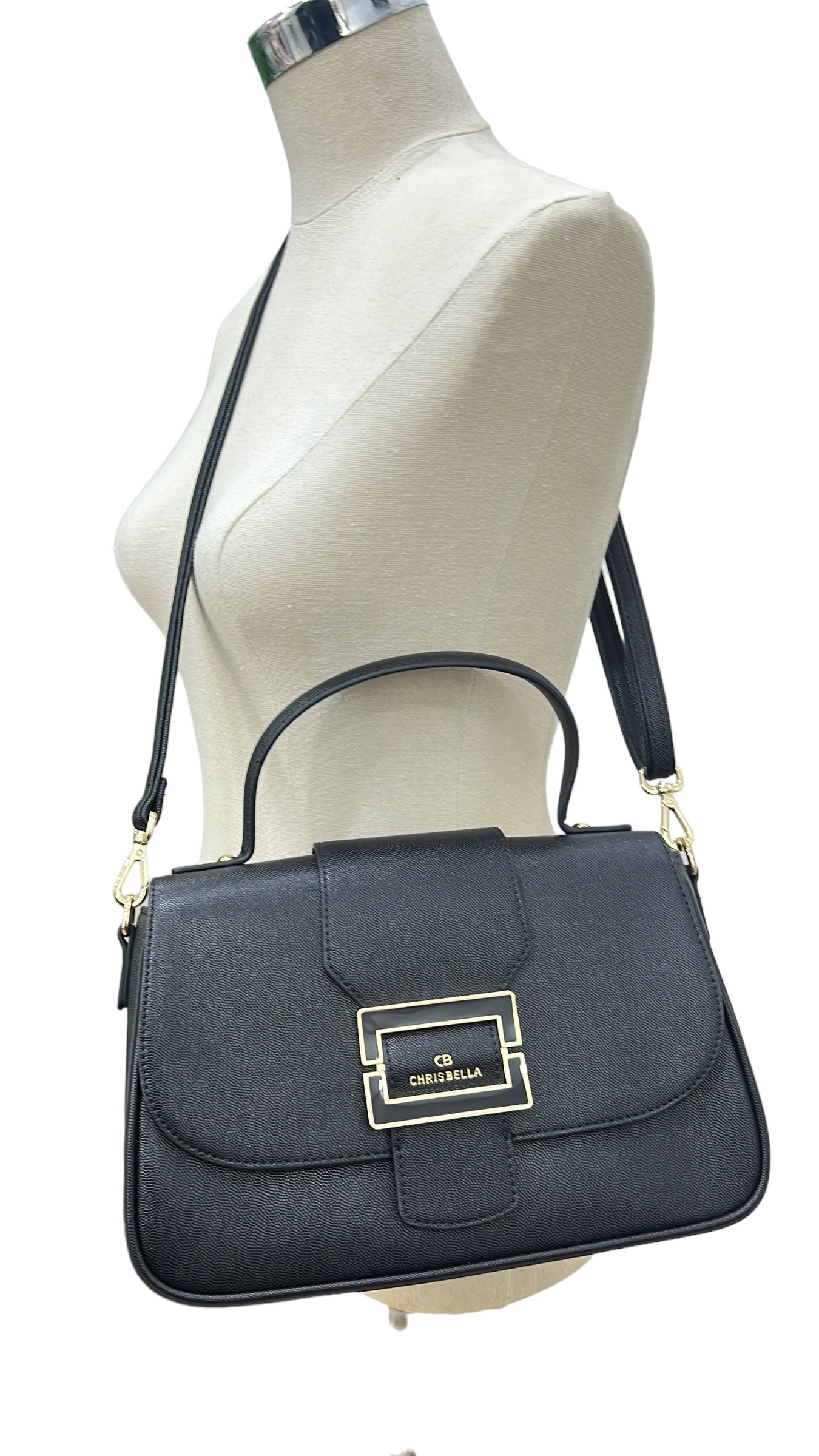 CHRISBELLA TEXTURED BUCKLE DETAIL TWO-TONE BAG IN BLACK