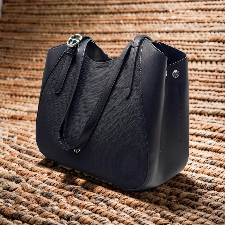 Chrisbella Leather Textured Fabric Contrast Bag in Black