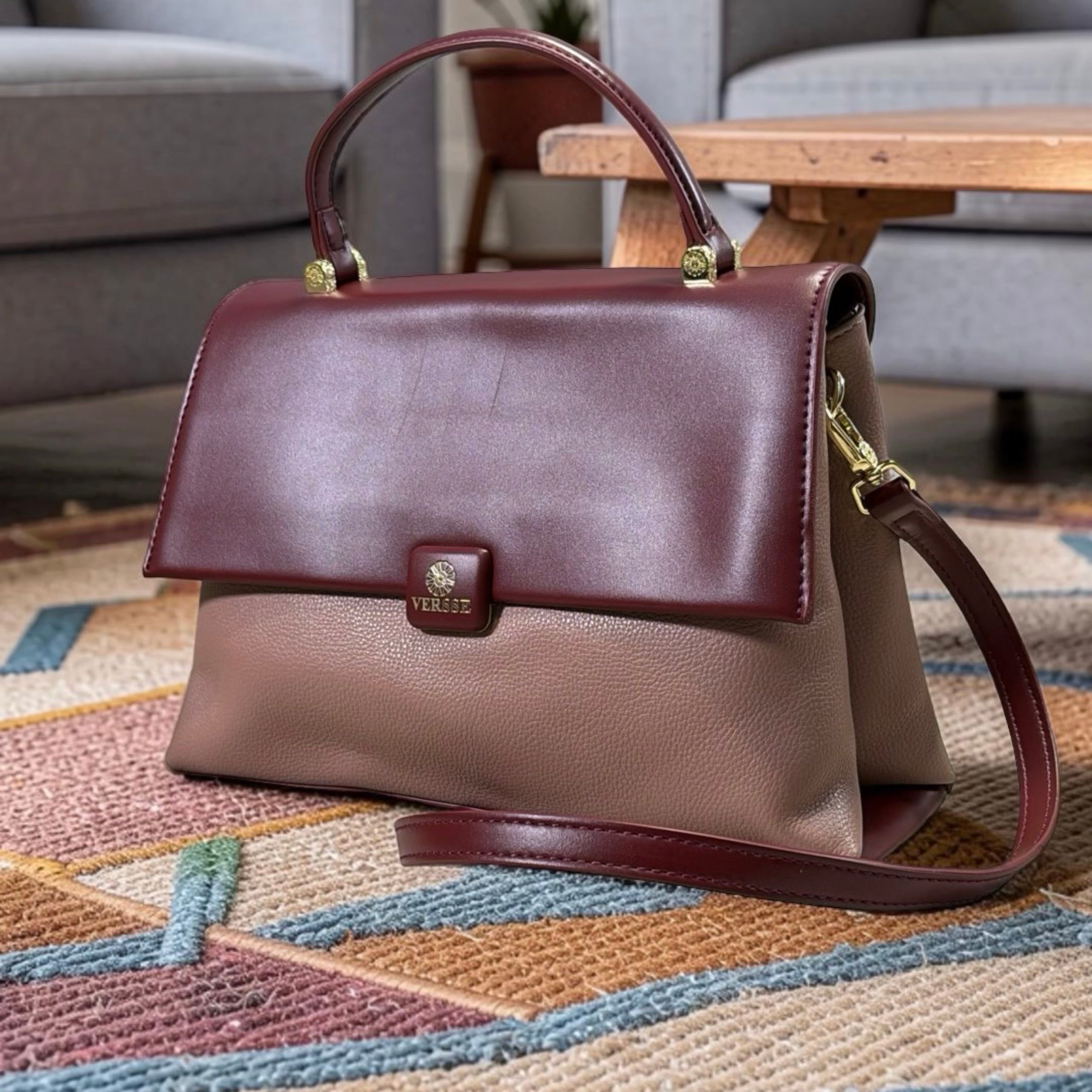 Versse Top Handle Flap Closure Bag in Wine