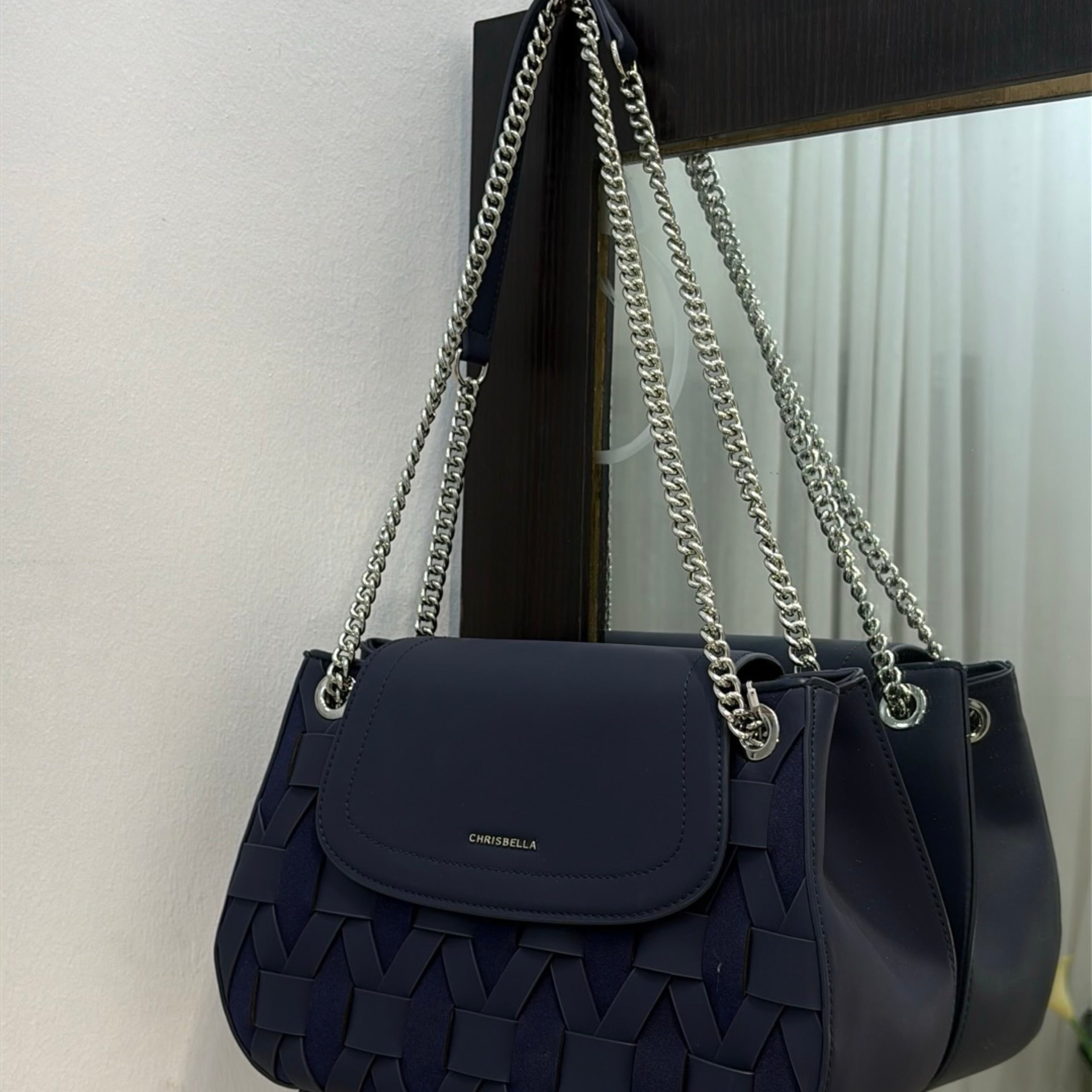 Chrisbella Woven Detail Chain Handle Sling bag in Navy
