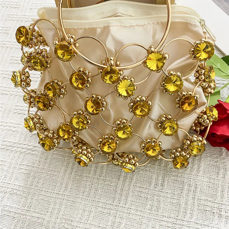 Ring Detai Embellished Stone Purse in Yellow