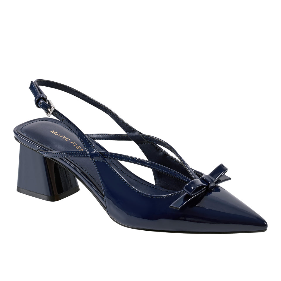 Marc Fisher Pointed Toe Bow Detail Block Heel Pump in Navy