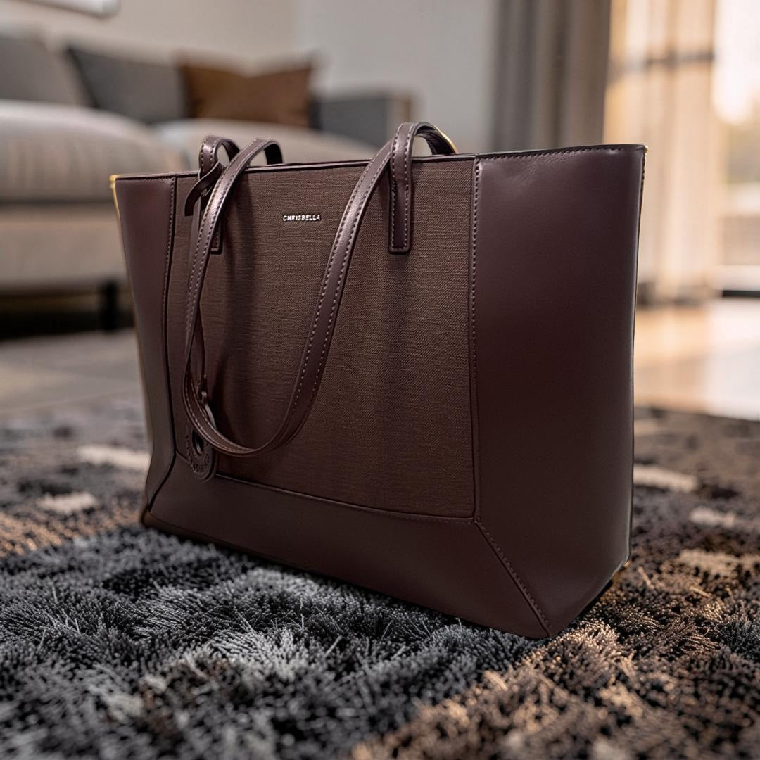 Chrisbella Two-Tone Large Tote in Coffee