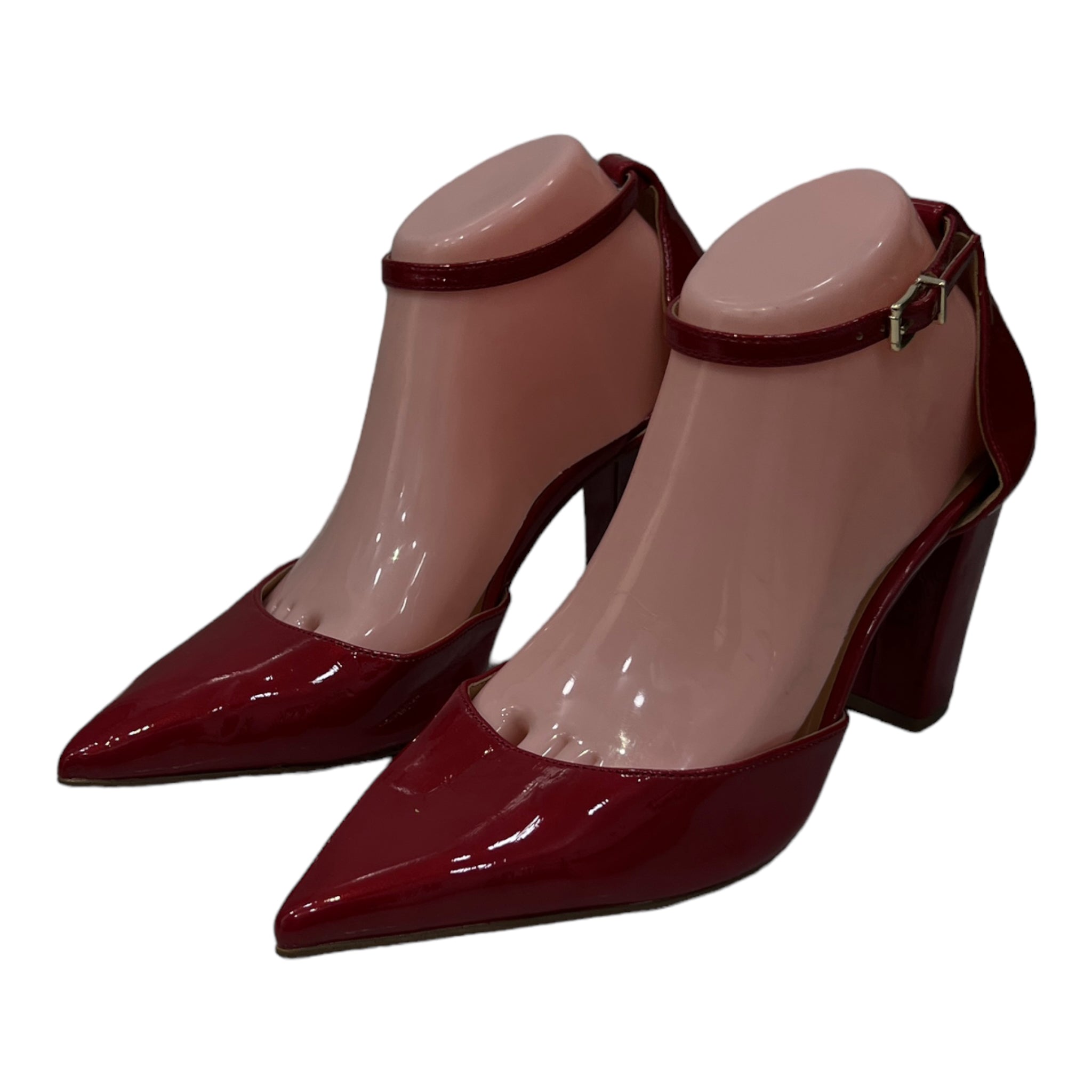 JESSICA SIMPOSN PATENT POINTED TOE BLOCK HEEL PUMP IN RED