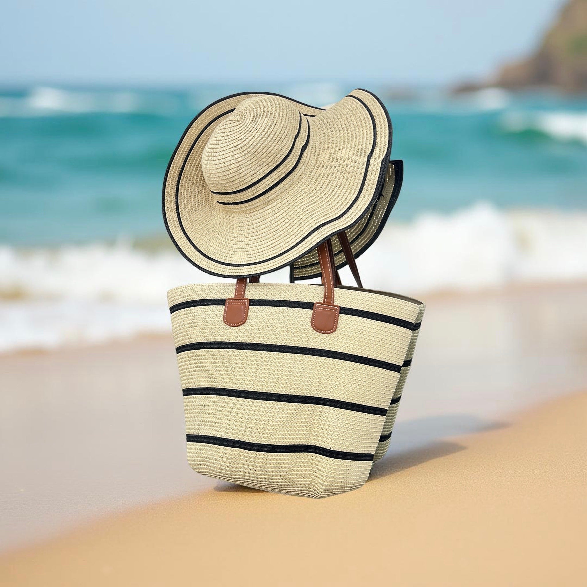 Beach Bag with Matching Hat in Beige