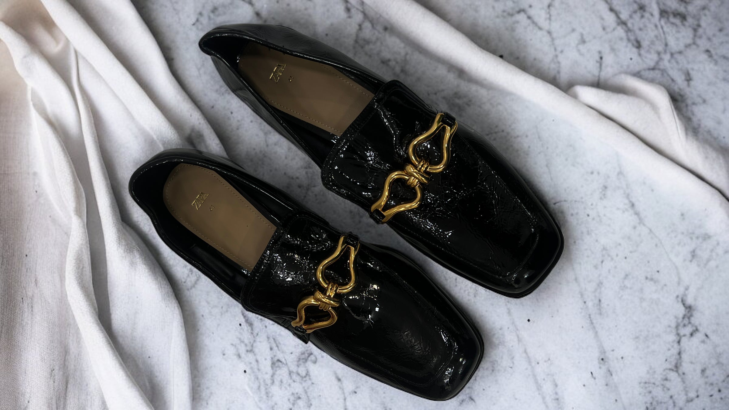 ZARA METAL DETAIL CRINKLE PATENT LEATHER LOAFERS IN BLACK