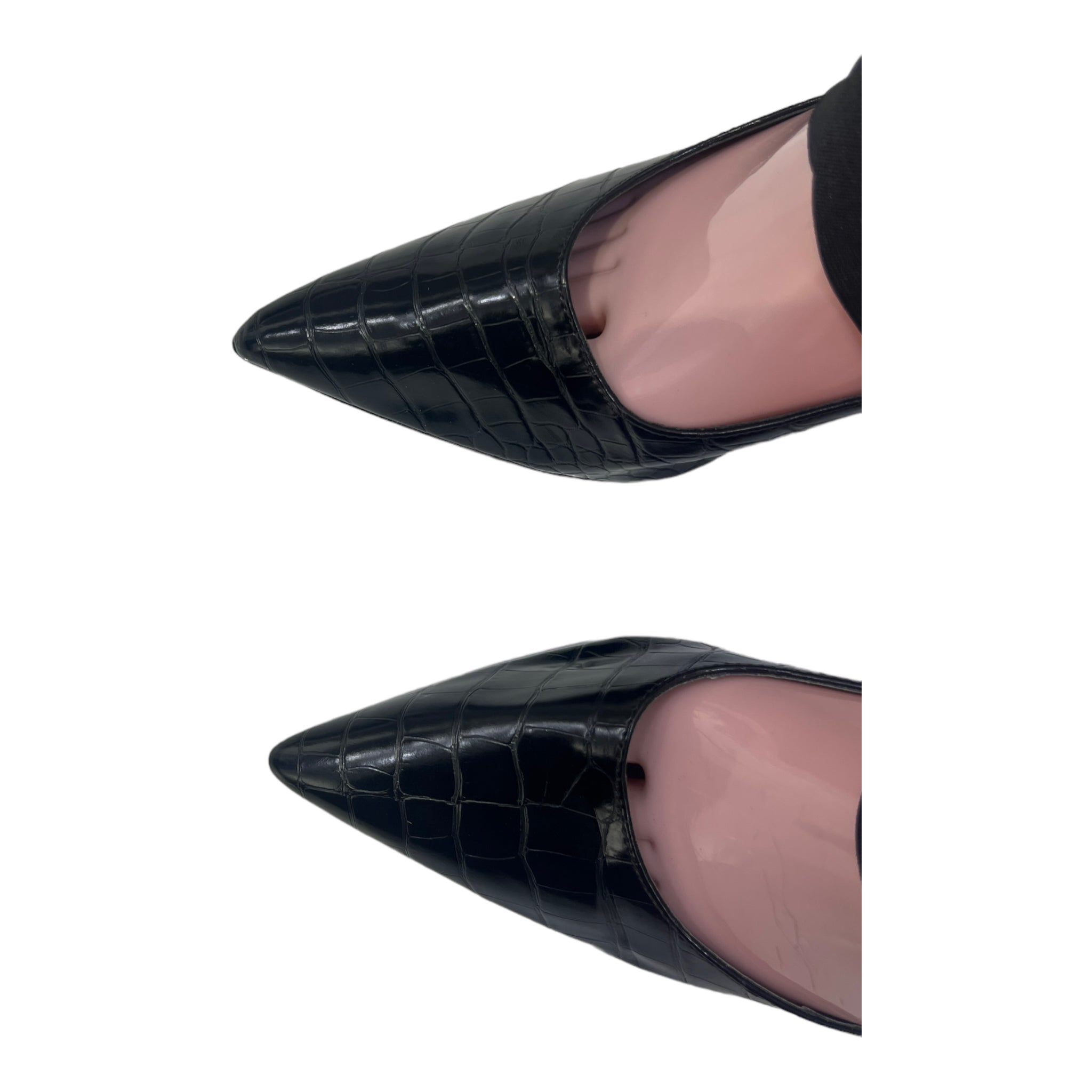 FIRST SHOW BLACK FAUX CROC ELASTIC CROS STRAP HEELS