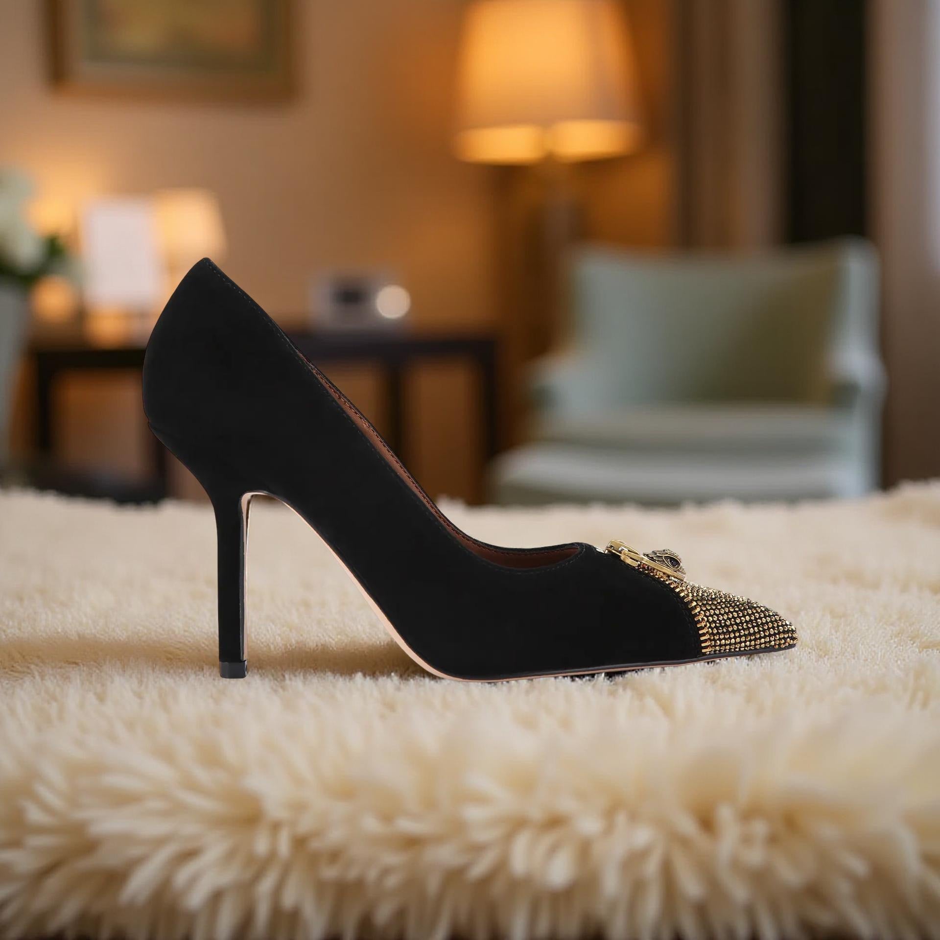 Kurt Geiger Velvet Zip Court Heel With Gold Toe in Black